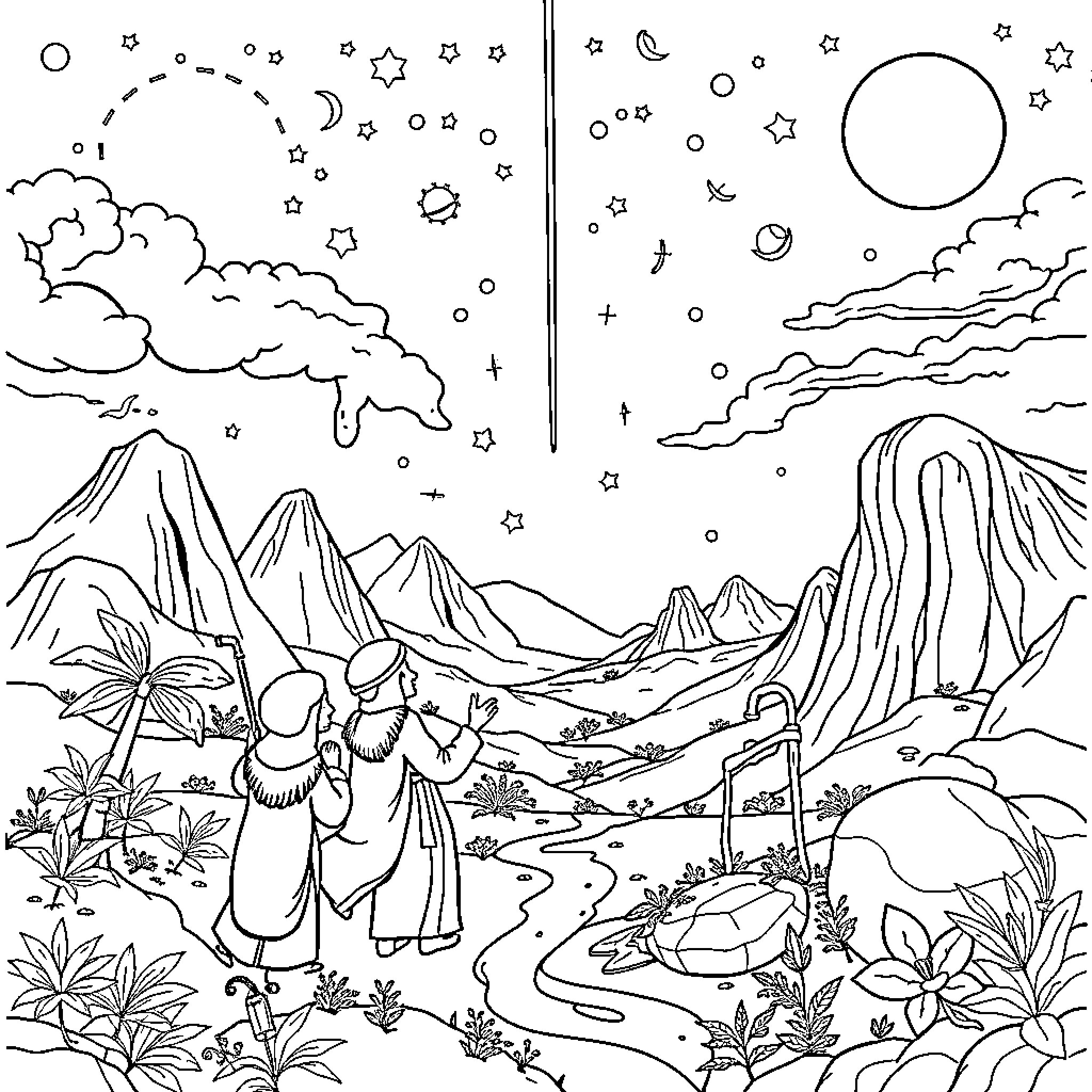 Bible Scene with Figures on a Path in Nature Coloring Page (free black-and-white line drawing printable PDF for all, from beginners to advanced learners, including children, teens, adults, and seniors)