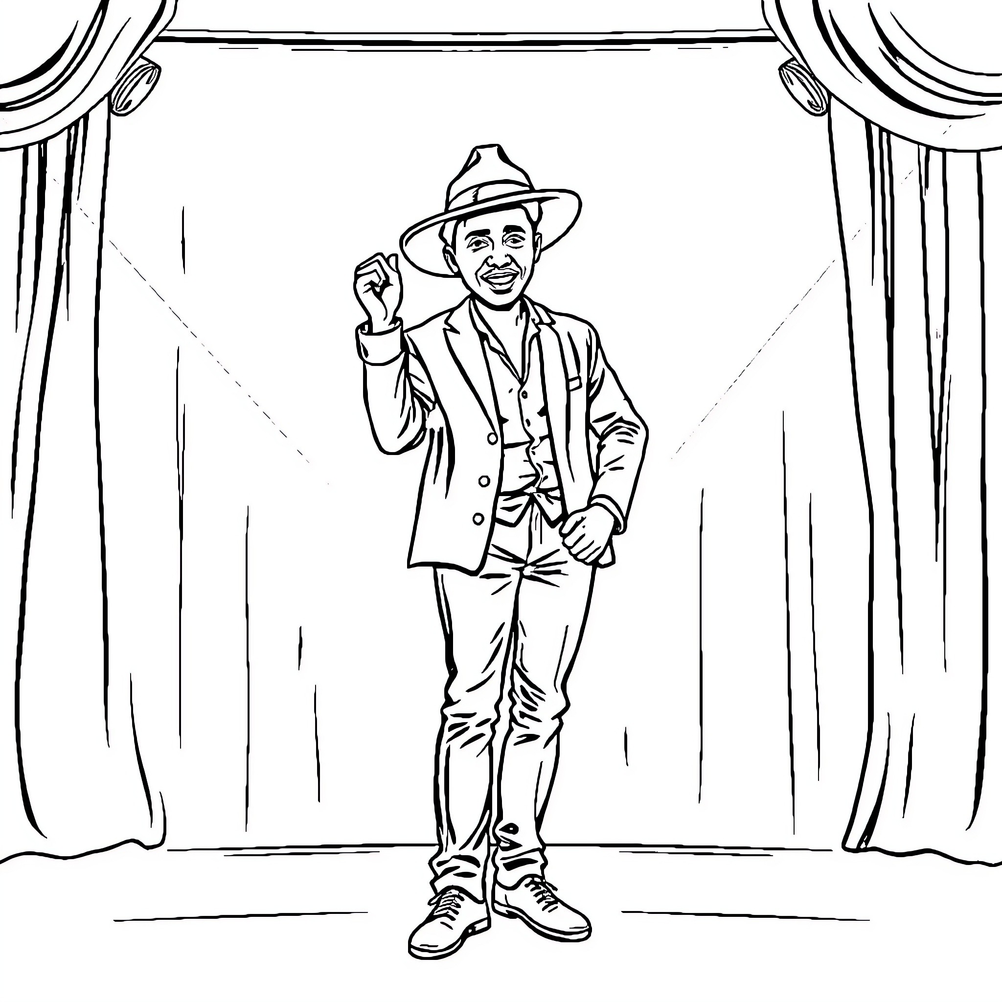 Man performing on stage with confidence Coloring Page (free black-and-white line drawing printable PDF for all, from beginners to advanced learners, including children, teens, adults, and seniors)