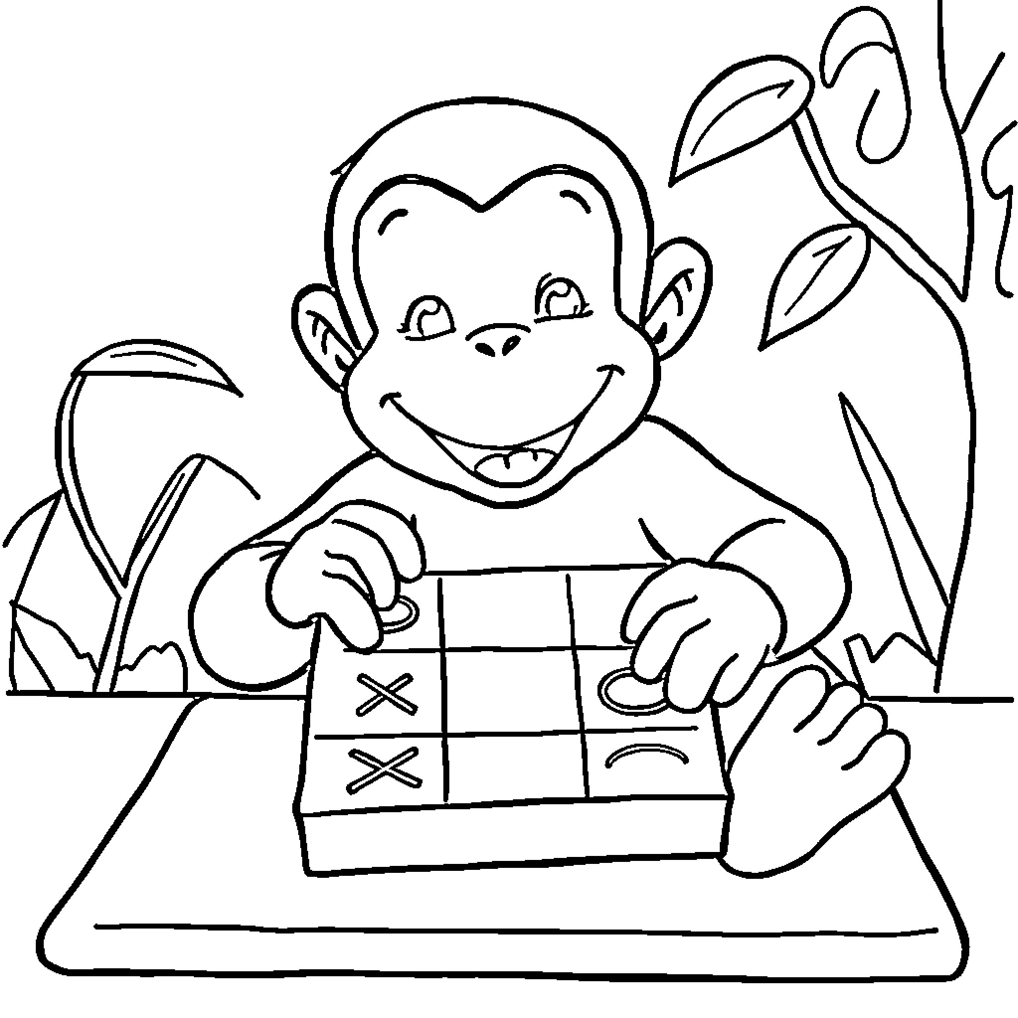 Curious George playing tic-tac-toe in the jungle Coloring Page (free black-and-white line drawing printable PDF for all, from beginners to advanced learners, including children, teens, adults, and seniors)