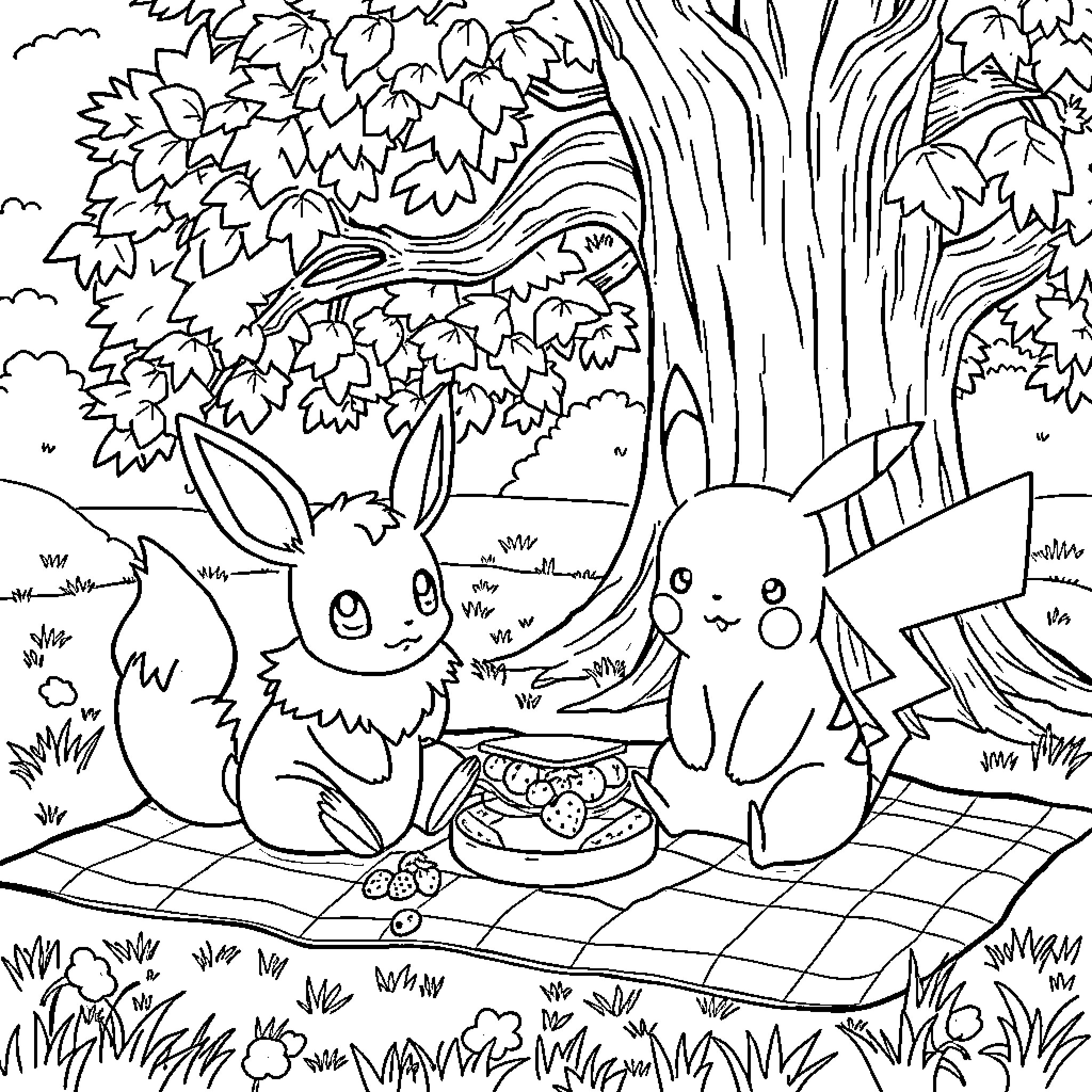 Eevee and Pikachu enjoying a picnic in the forest Coloring Page (free black-and-white line drawing printable PDF for all, from beginners to advanced learners, including children, teens, adults, and seniors)