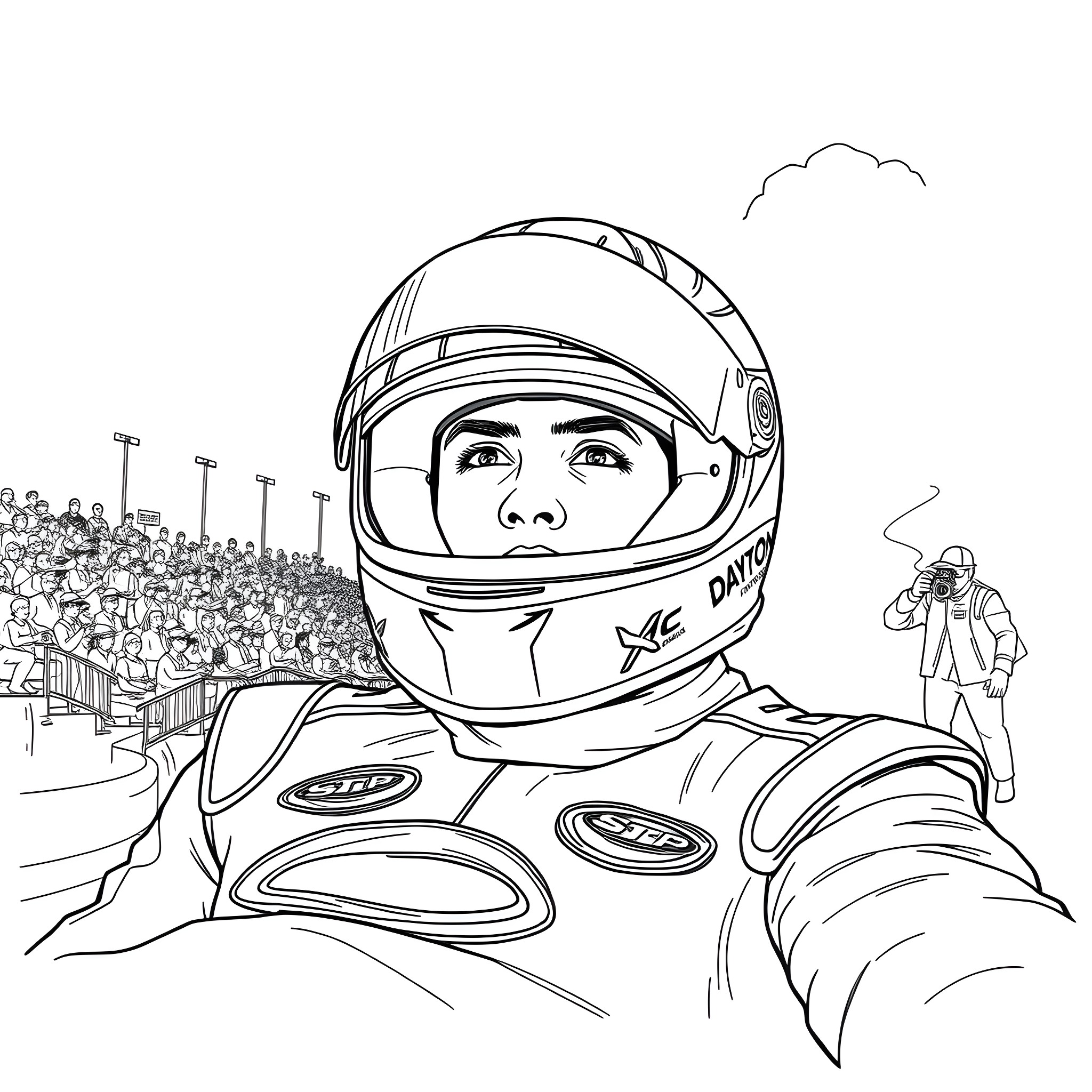 Chase Elliot in Racecar Helmet Posing for Crowd Coloring Page (free black-and-white line drawing printable PDF for all, from beginners to advanced learners, including children, teens, adults, and seniors)