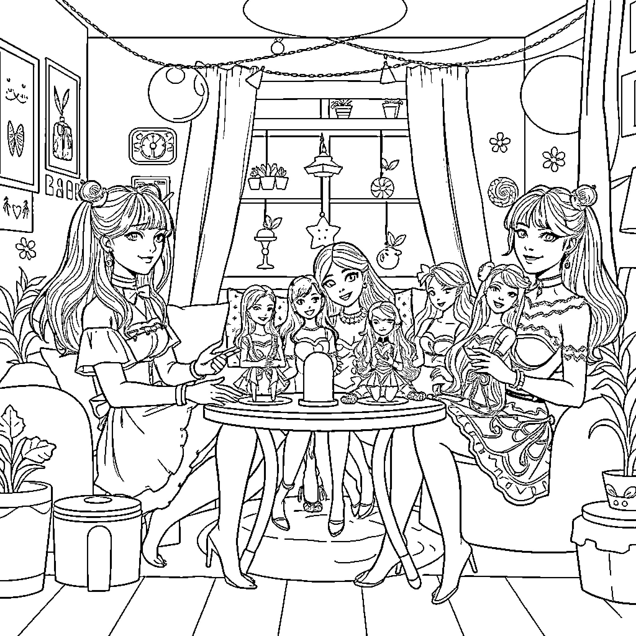 Rumi and friends enjoying a cozy gathering Coloring Page (free black-and-white line drawing printable PDF for all, from beginners to advanced learners, including children, teens, adults, and seniors)