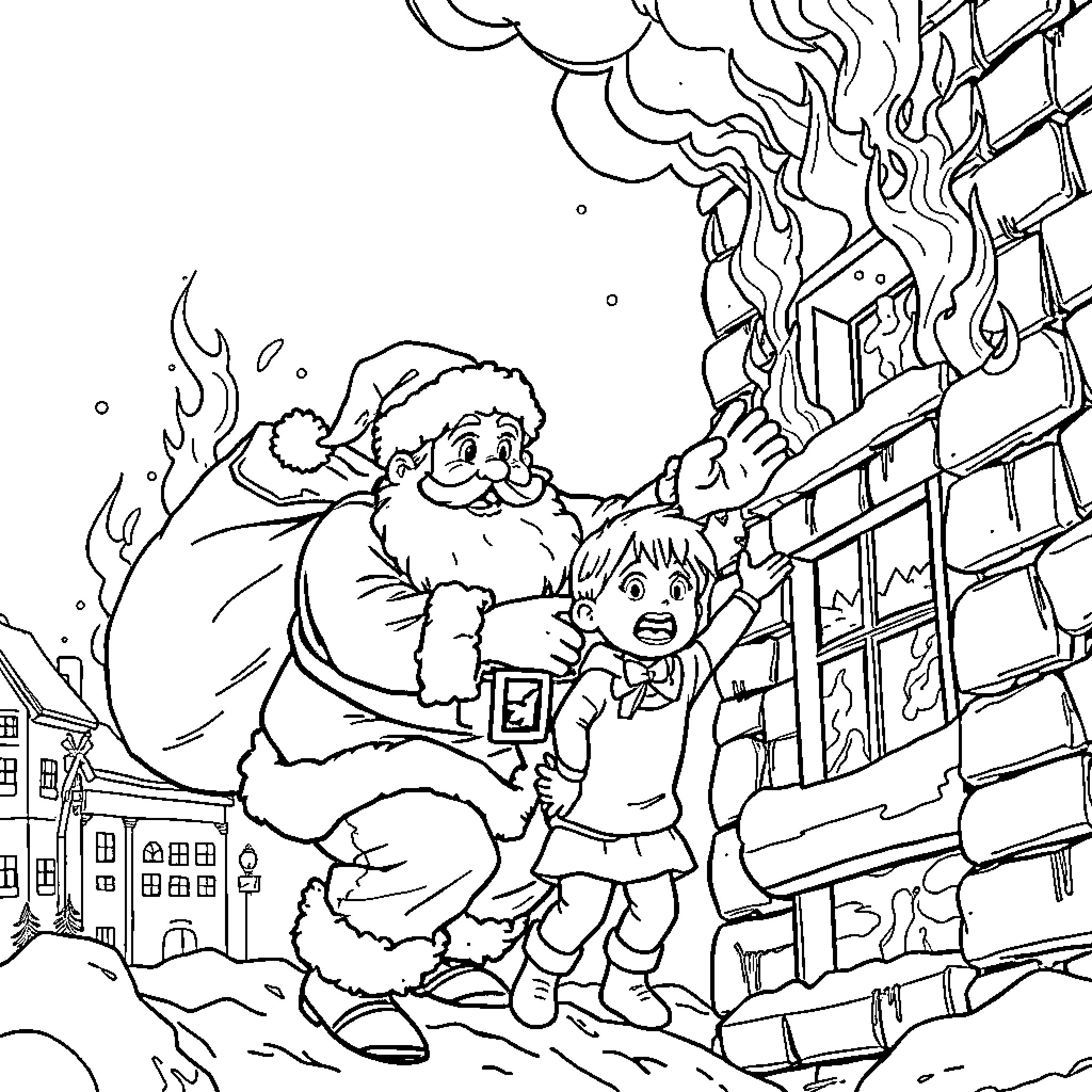 Santa delivering gifts to a delighted child Coloring Page (free black-and-white line drawing printable PDF for all, from beginners to advanced learners, including children, teens, adults, and seniors)