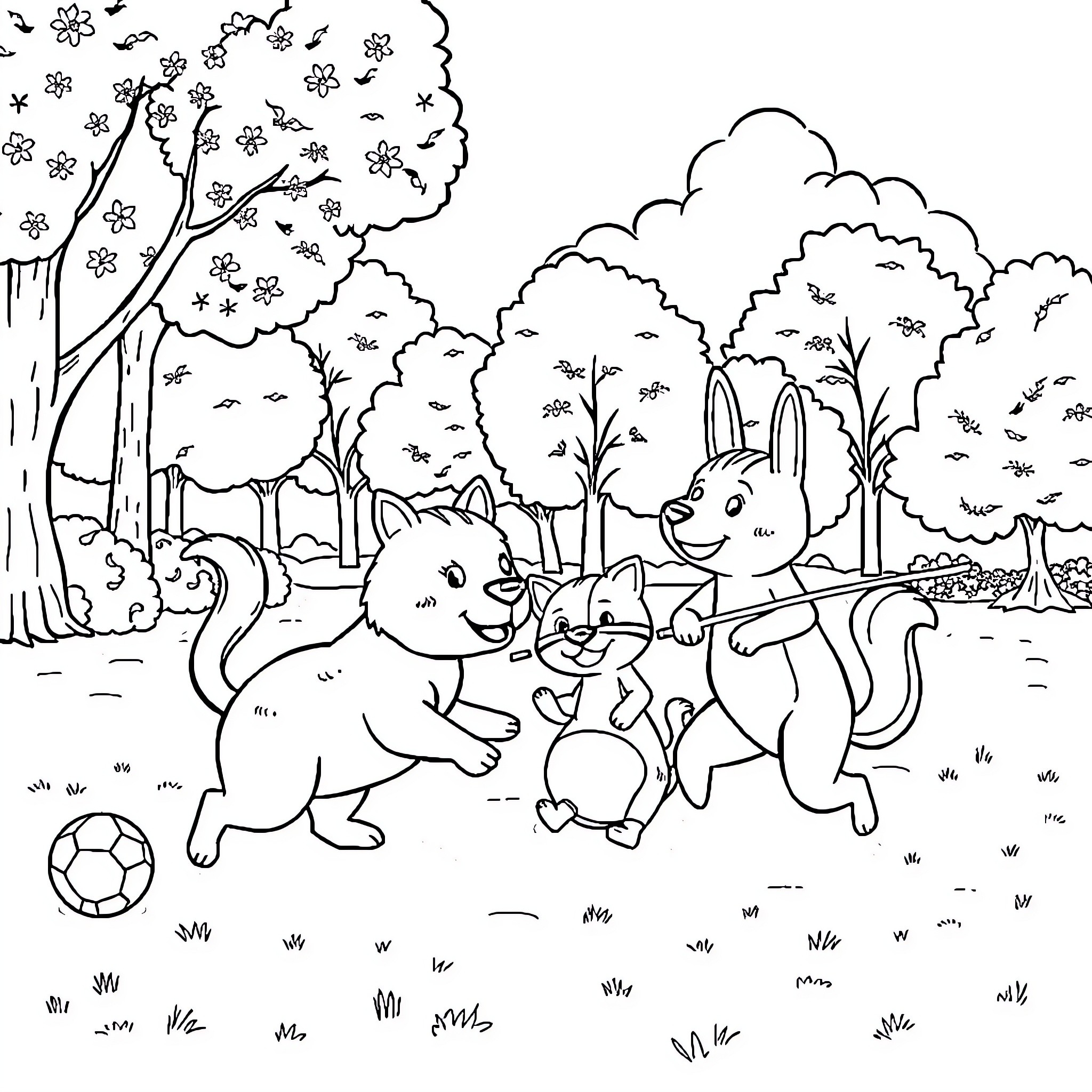 Animal playing in the forest Coloring Page (free black-and-white line drawing printable PDF for all, from beginners to advanced learners, including children, teens, adults, and seniors)