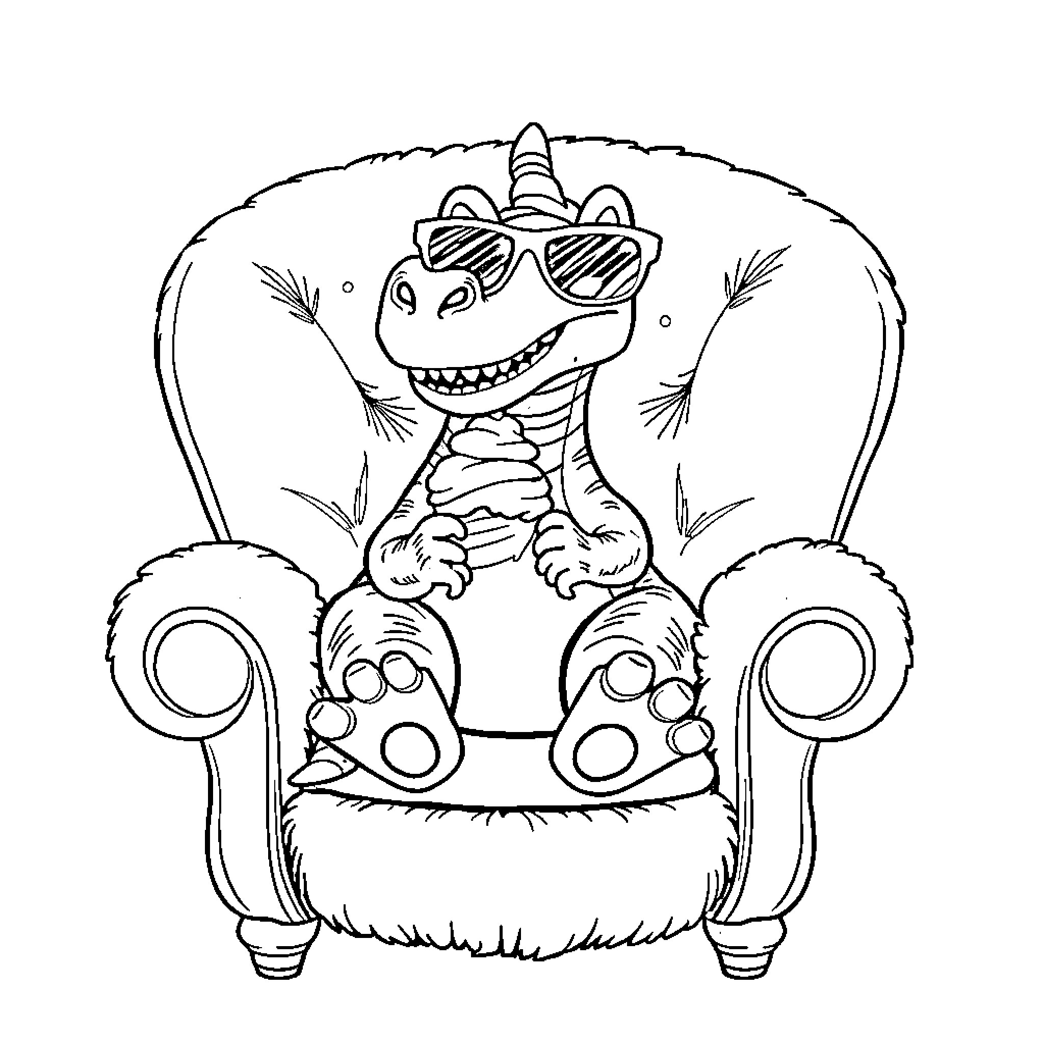 Dinosaur lounging in a comfy chair wearing sunglasses Coloring Page (free black-and-white line drawing printable PDF for all, from beginners to advanced learners, including children, teens, adults, and seniors)