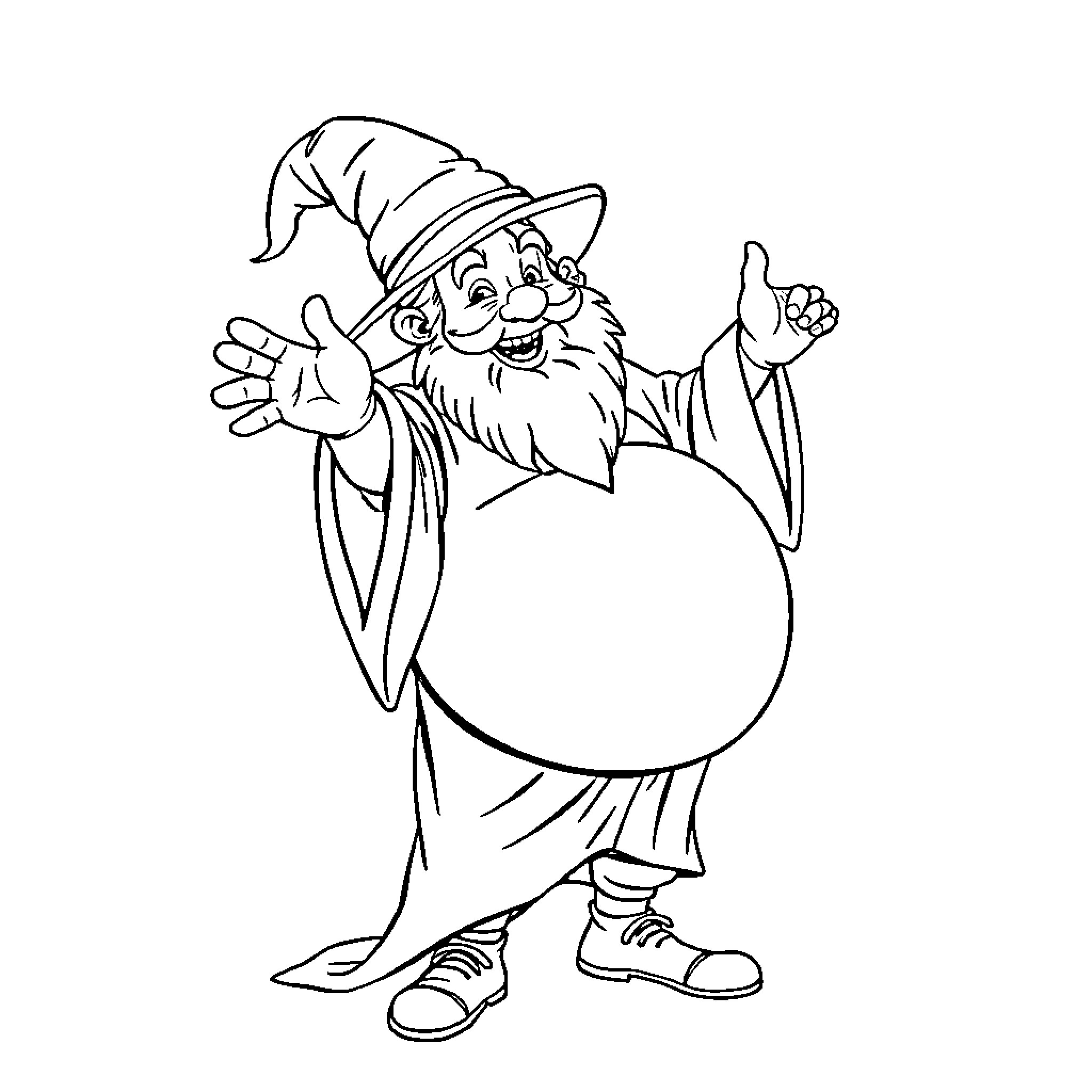 Wizard with a Magical Wand and Gesturing Coloring Page (free black-and-white line drawing printable PDF for all, from beginners to advanced learners, including children, teens, adults, and seniors)
