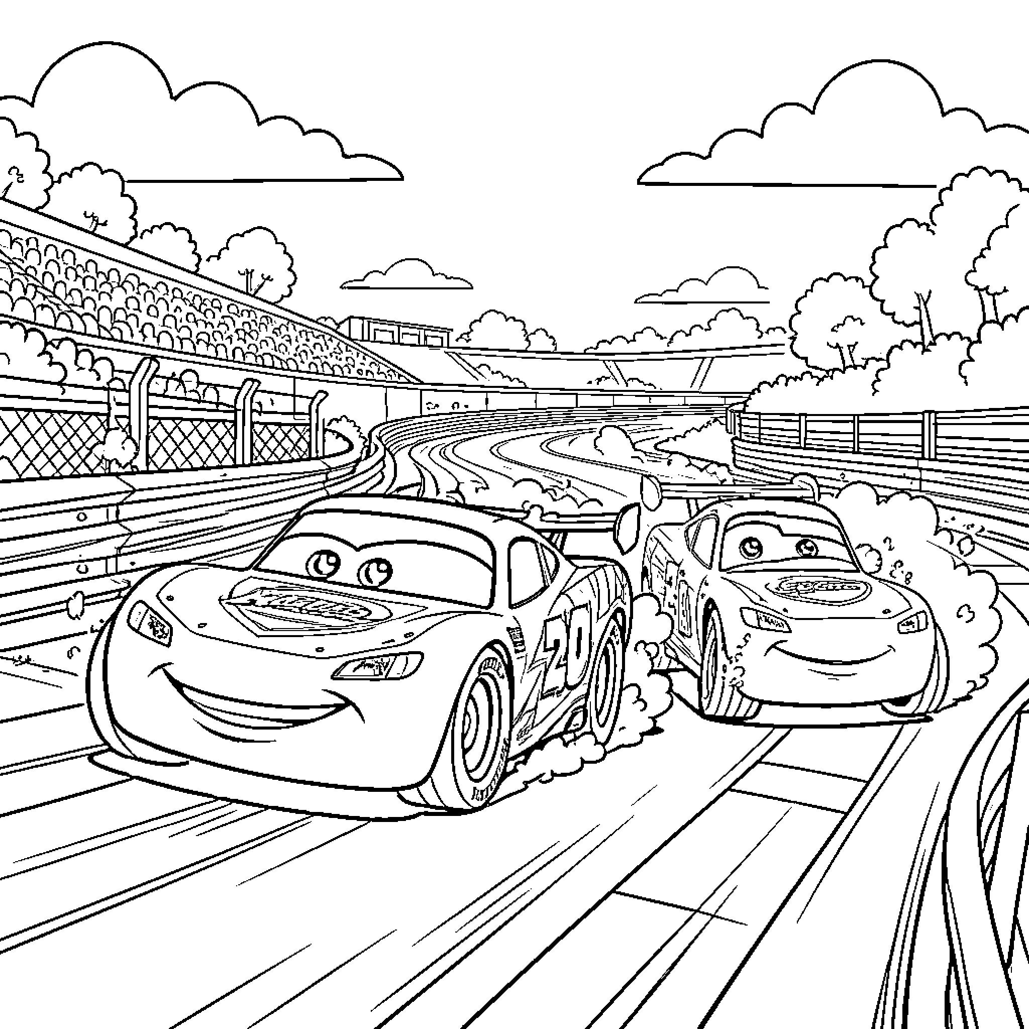 Cars racing on the track through winding roads Coloring Page (free black-and-white line drawing printable PDF for all, from beginners to advanced learners, including children, teens, adults, and seniors)