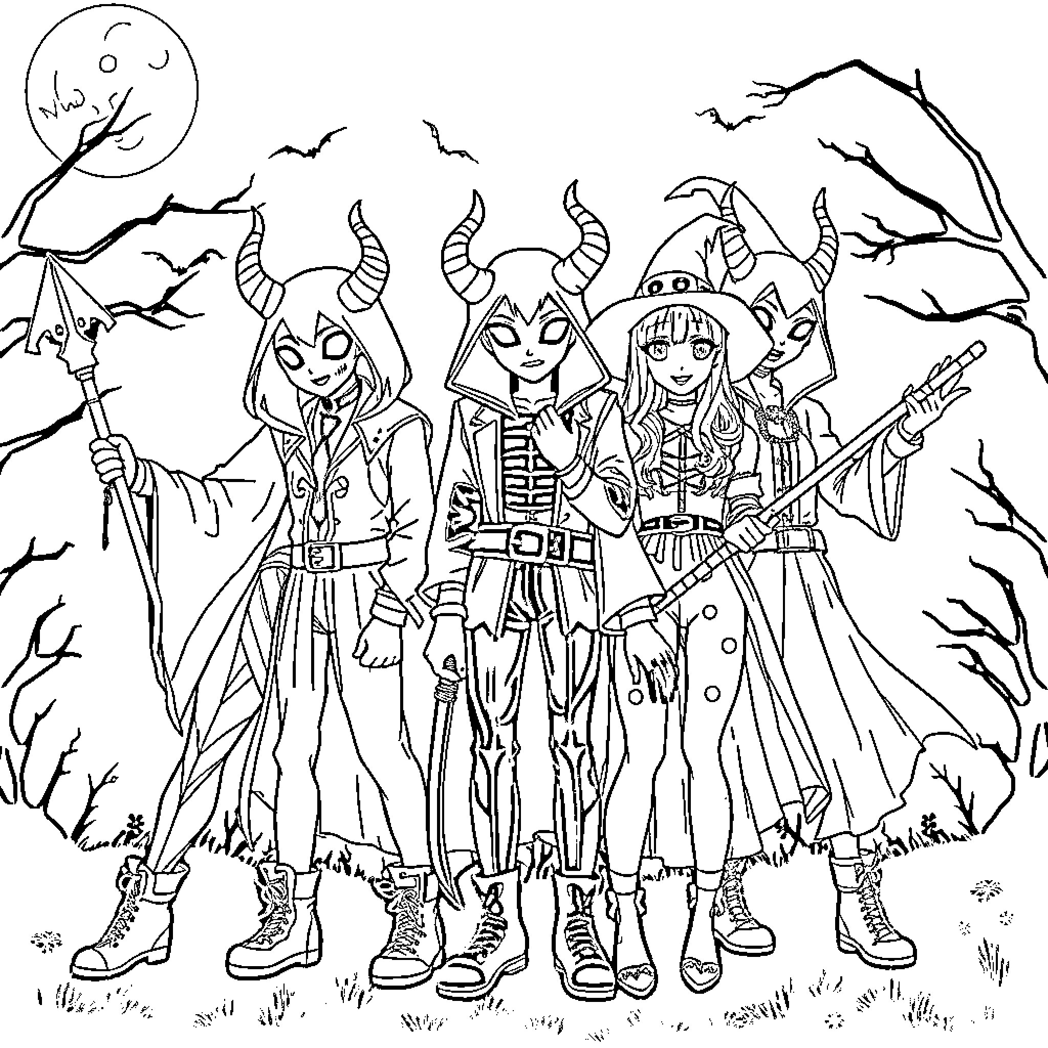 Demon Hunters in Spooky Nighttime Forest Coloring Page (free black-and-white line drawing printable PDF for all, from beginners to advanced learners, including children, teens, adults, and seniors)