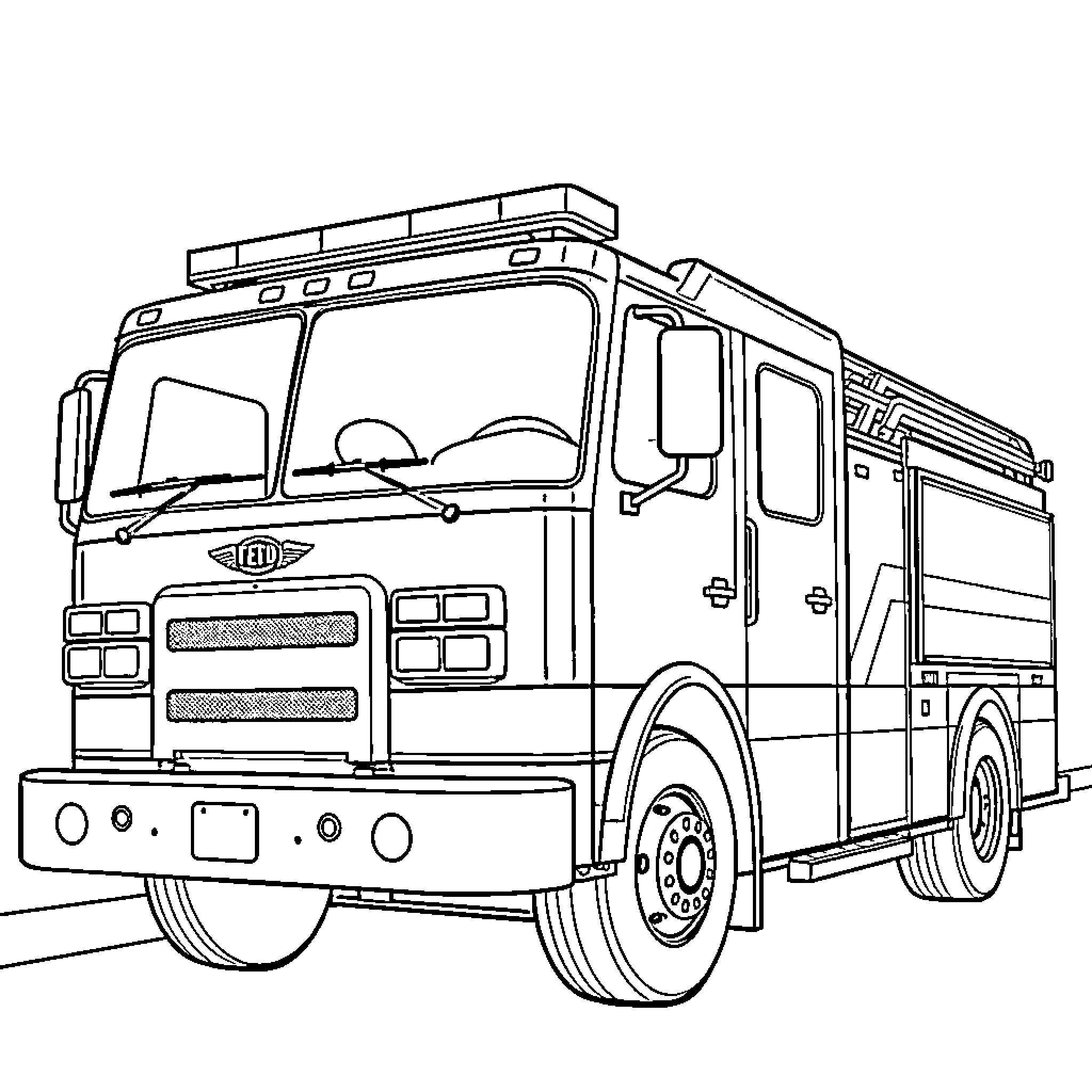 Firetruck driving with emergency lights on Coloring Page (free black-and-white line drawing printable PDF for all, from beginners to advanced learners, including children, teens, adults, and seniors)