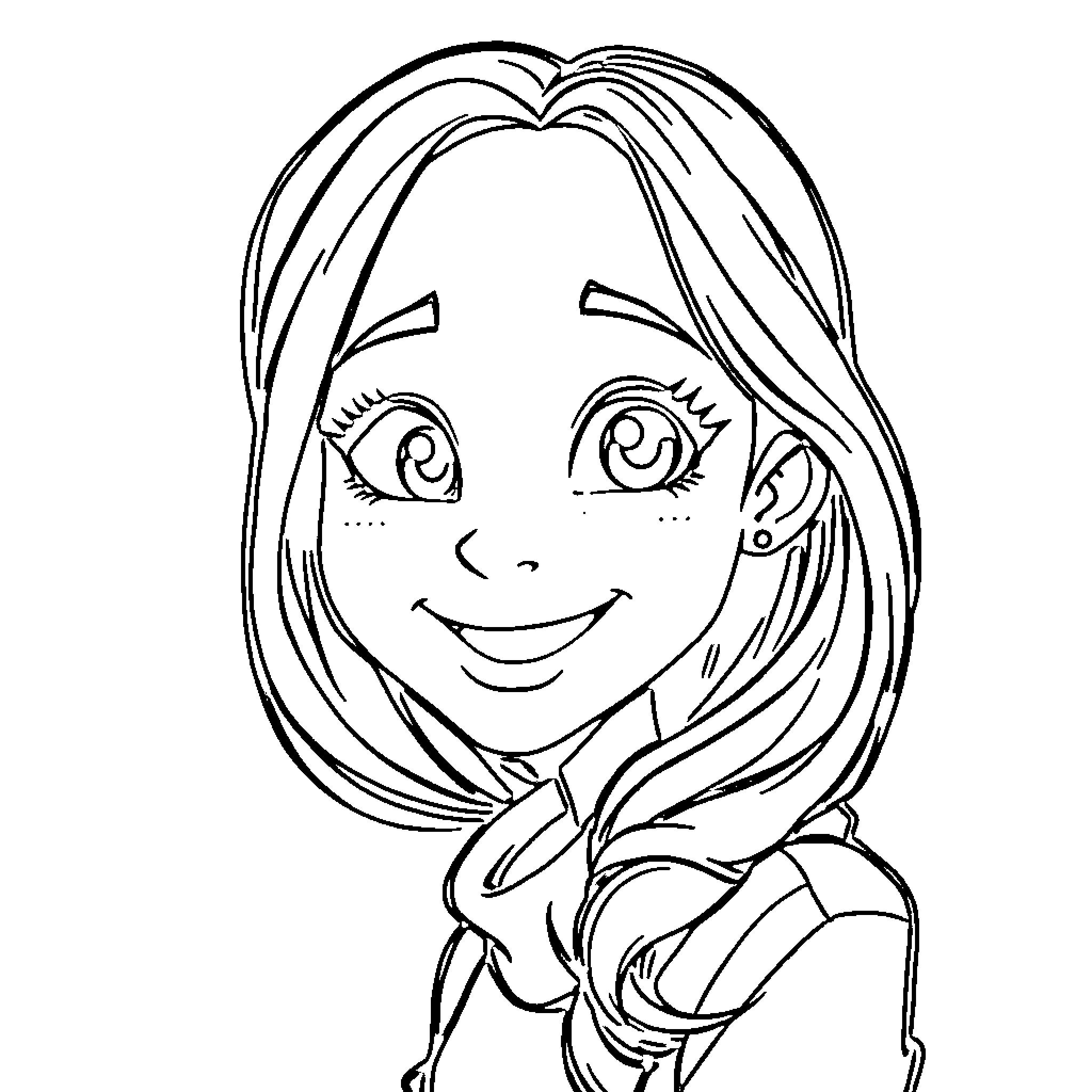 Megan's Friendly Smile and Cheerful Pose Coloring Page (free black-and-white line drawing printable PDF for all, from beginners to advanced learners, including children, teens, adults, and seniors)