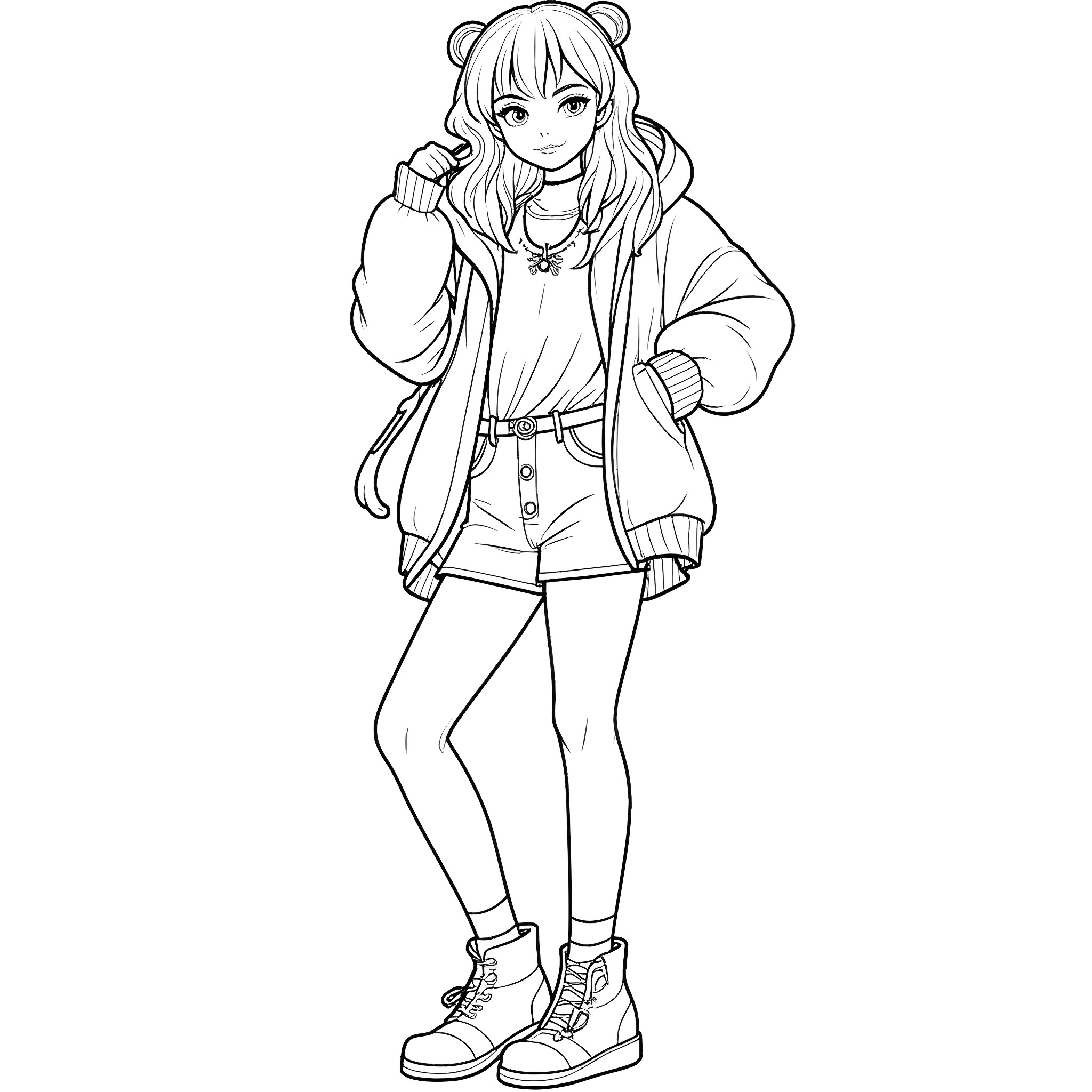 Goth Girl in Casual Outfit and Poses Coloring Page (free black-and-white line drawing printable PDF for all, from beginners to advanced learners, including children, teens, adults, and seniors)