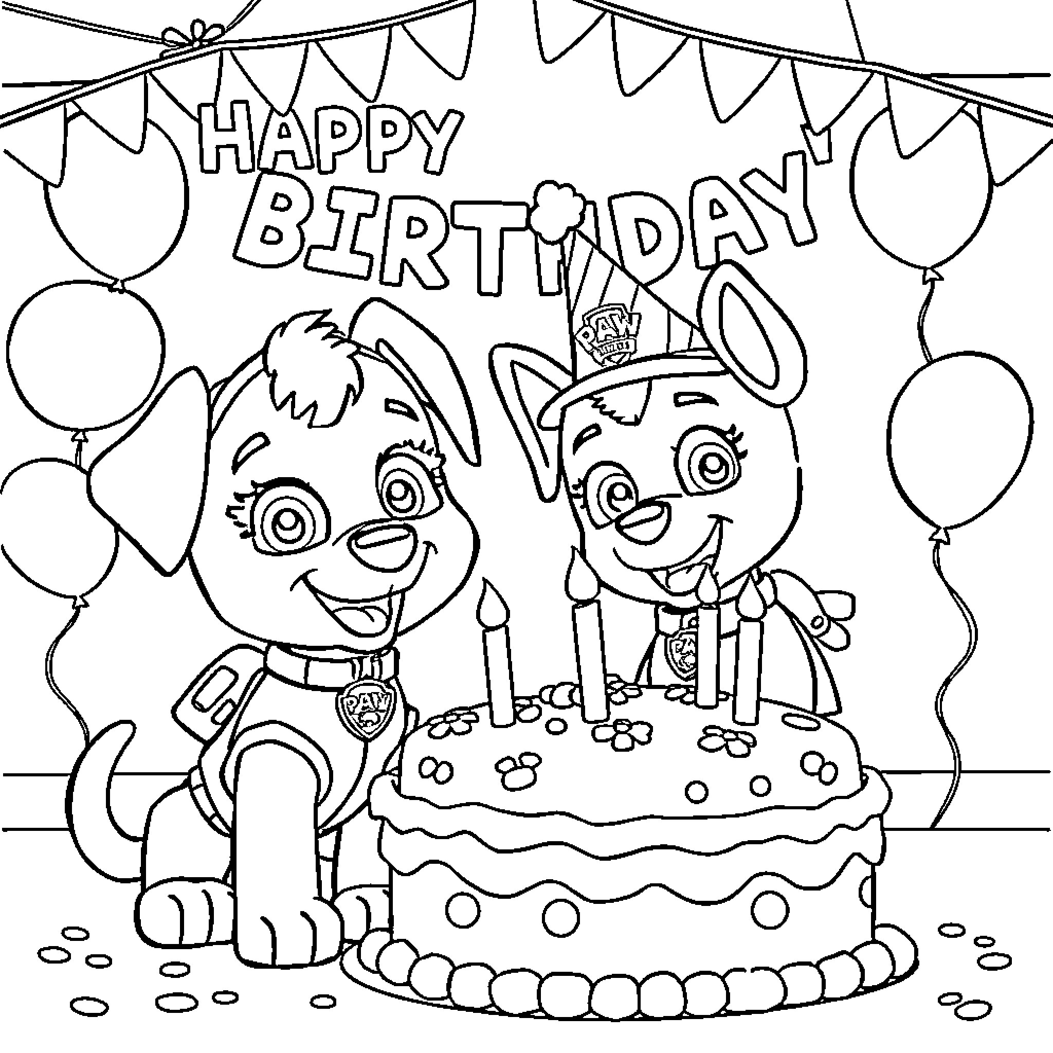 Paw Patrol characters celebrate a birthday party Coloring Page (free black-and-white line drawing printable PDF for all, from beginners to advanced learners, including children, teens, adults, and seniors)