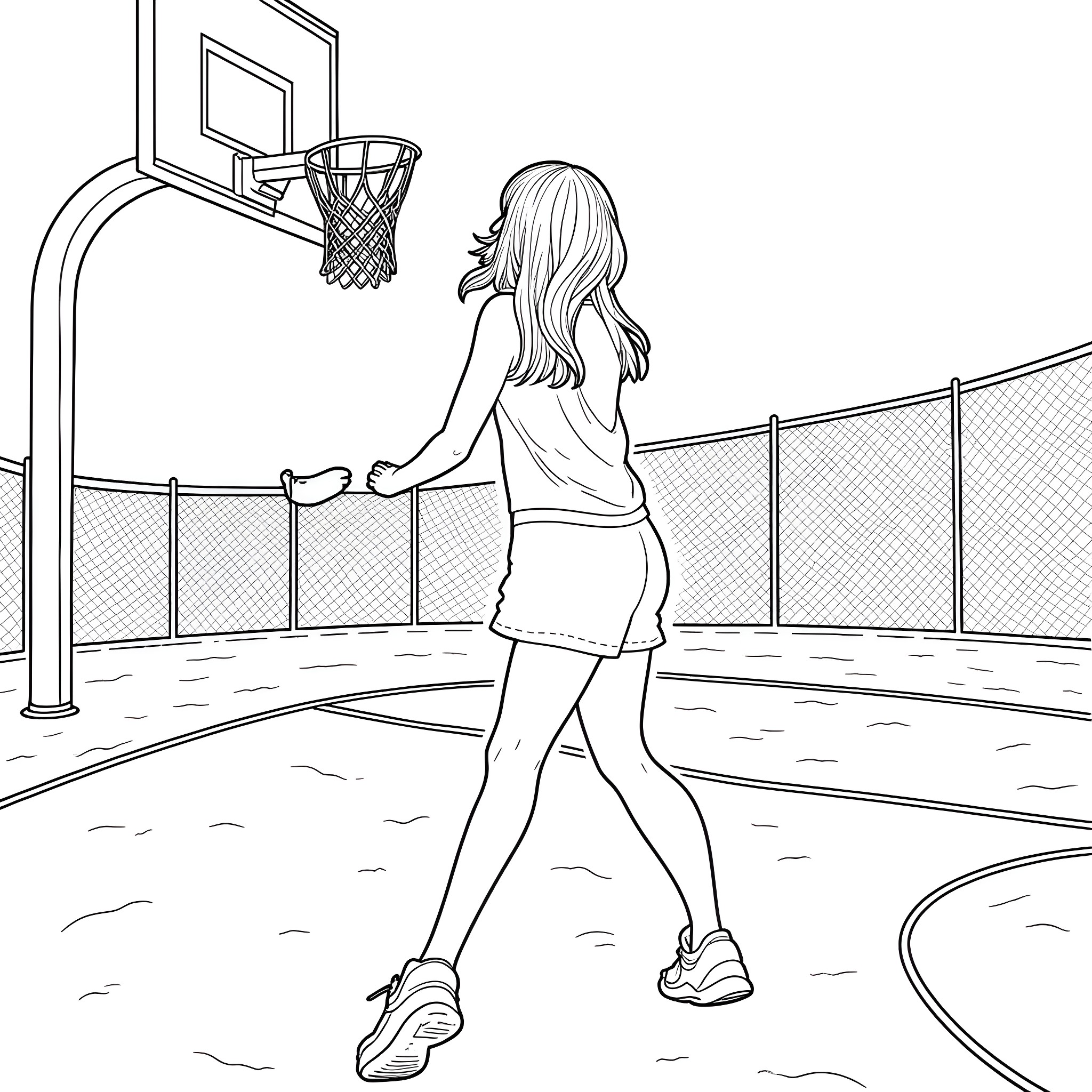 Taylor Swift playing basketball on the court Coloring Page (free black-and-white line drawing printable PDF for all, from beginners to advanced learners, including children, teens, adults, and seniors)