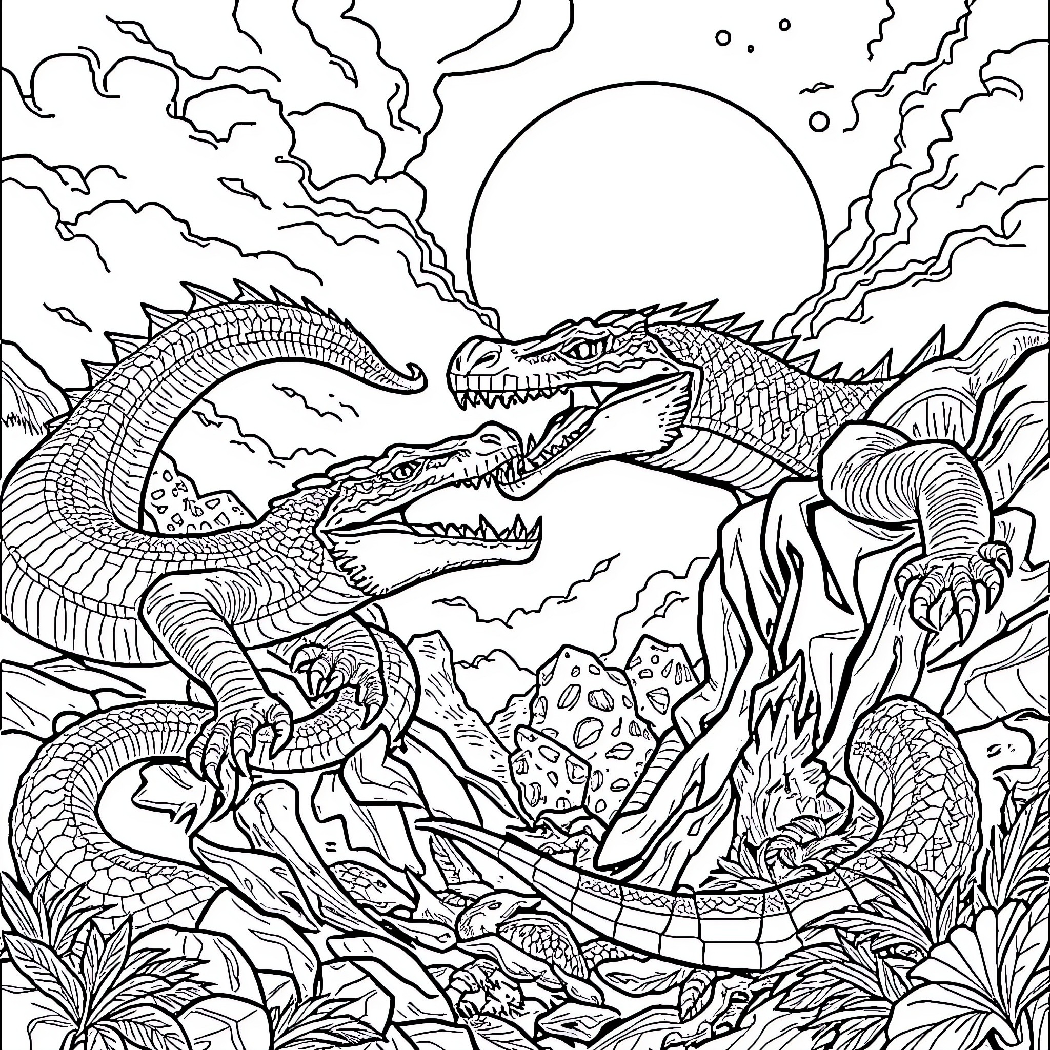 Snake Encounter in Mystical Landscape Coloring Page (free black-and-white line drawing printable PDF for all, from beginners to advanced learners, including children, teens, adults, and seniors)