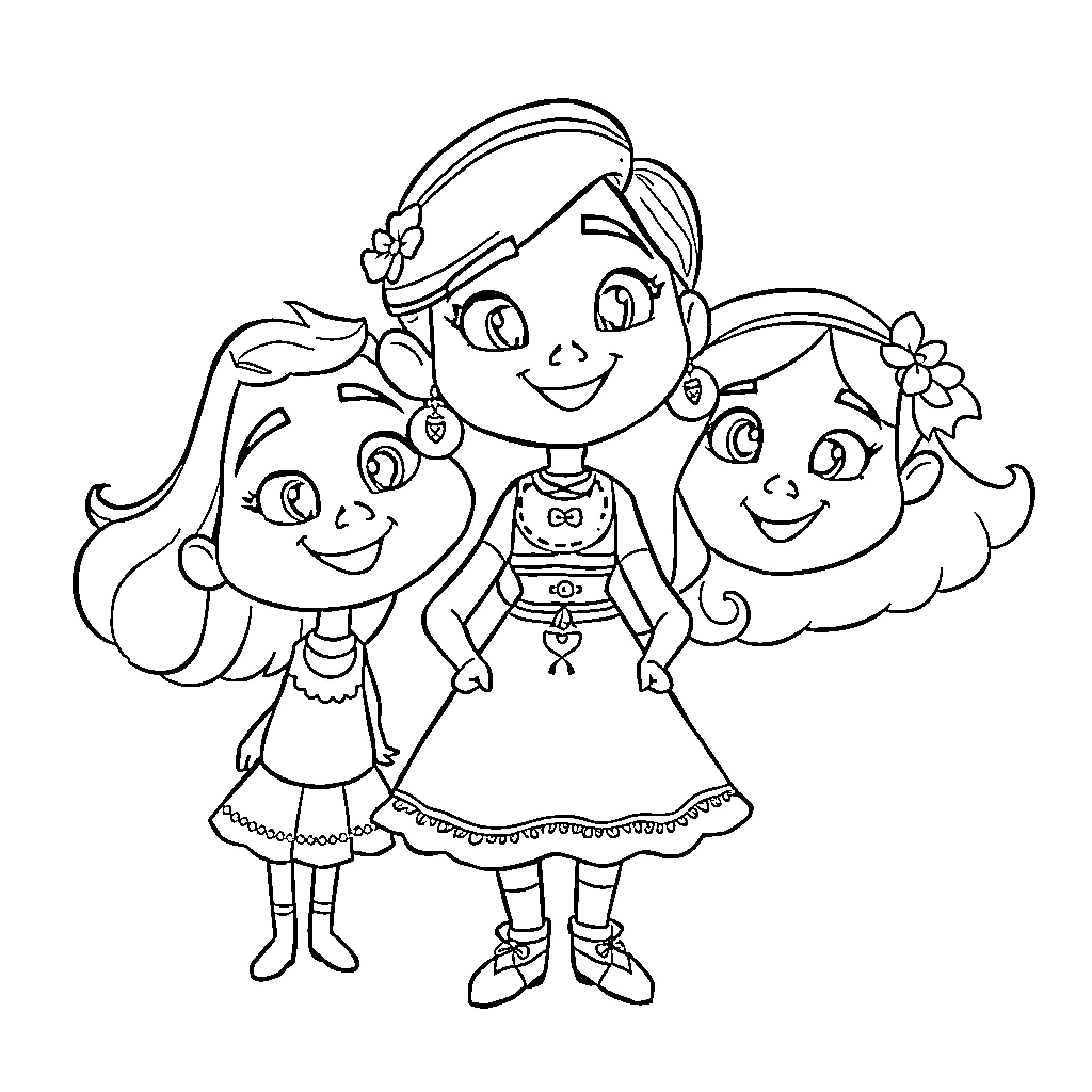 Maya and her cheerful friends in festive outfits Coloring Page (free black-and-white line drawing printable PDF for all, from beginners to advanced learners, including children, teens, adults, and seniors)