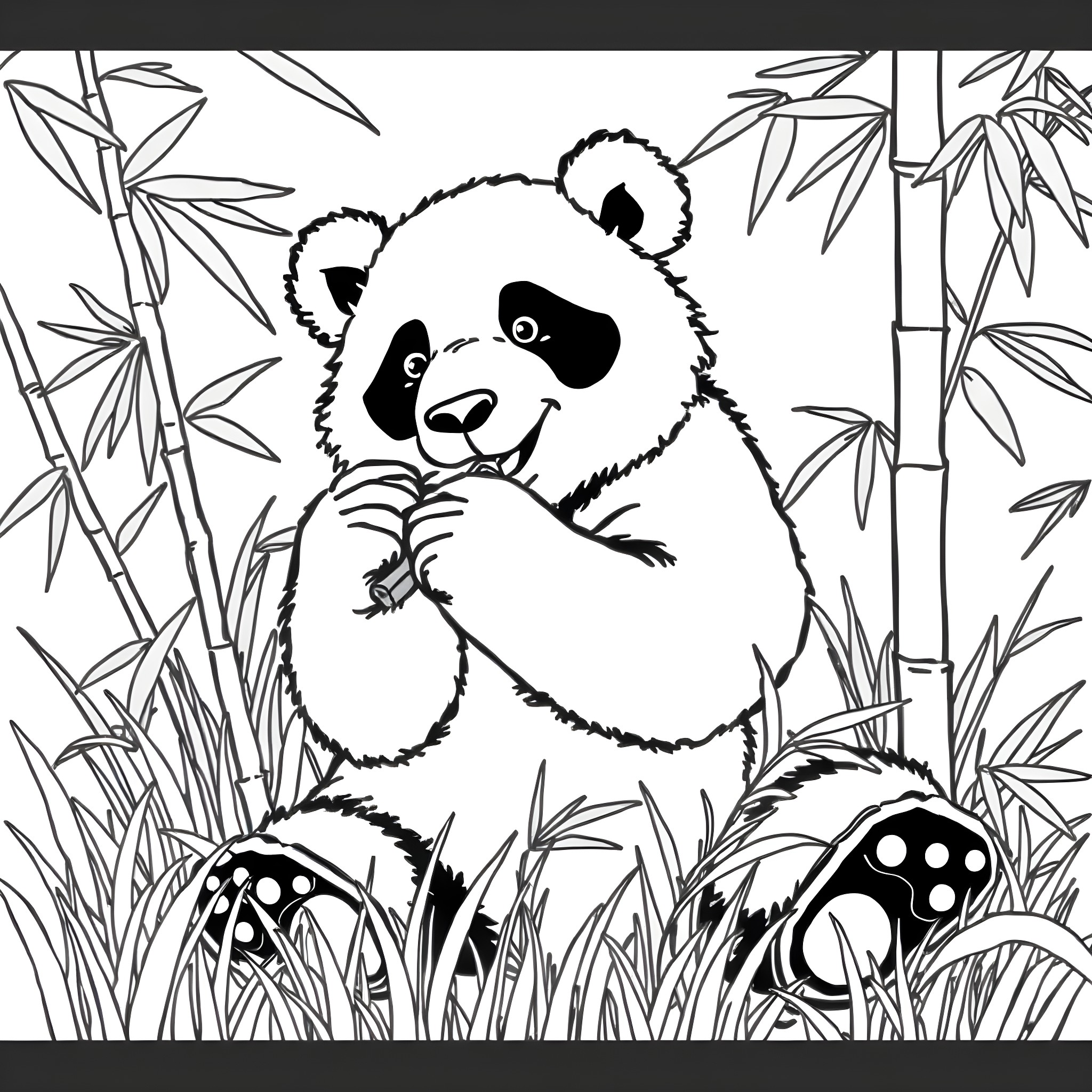 Panda cub playfully exploring bamboo forest Coloring Page (free black-and-white line drawing printable PDF for all, from beginners to advanced learners, including children, teens, adults, and seniors)