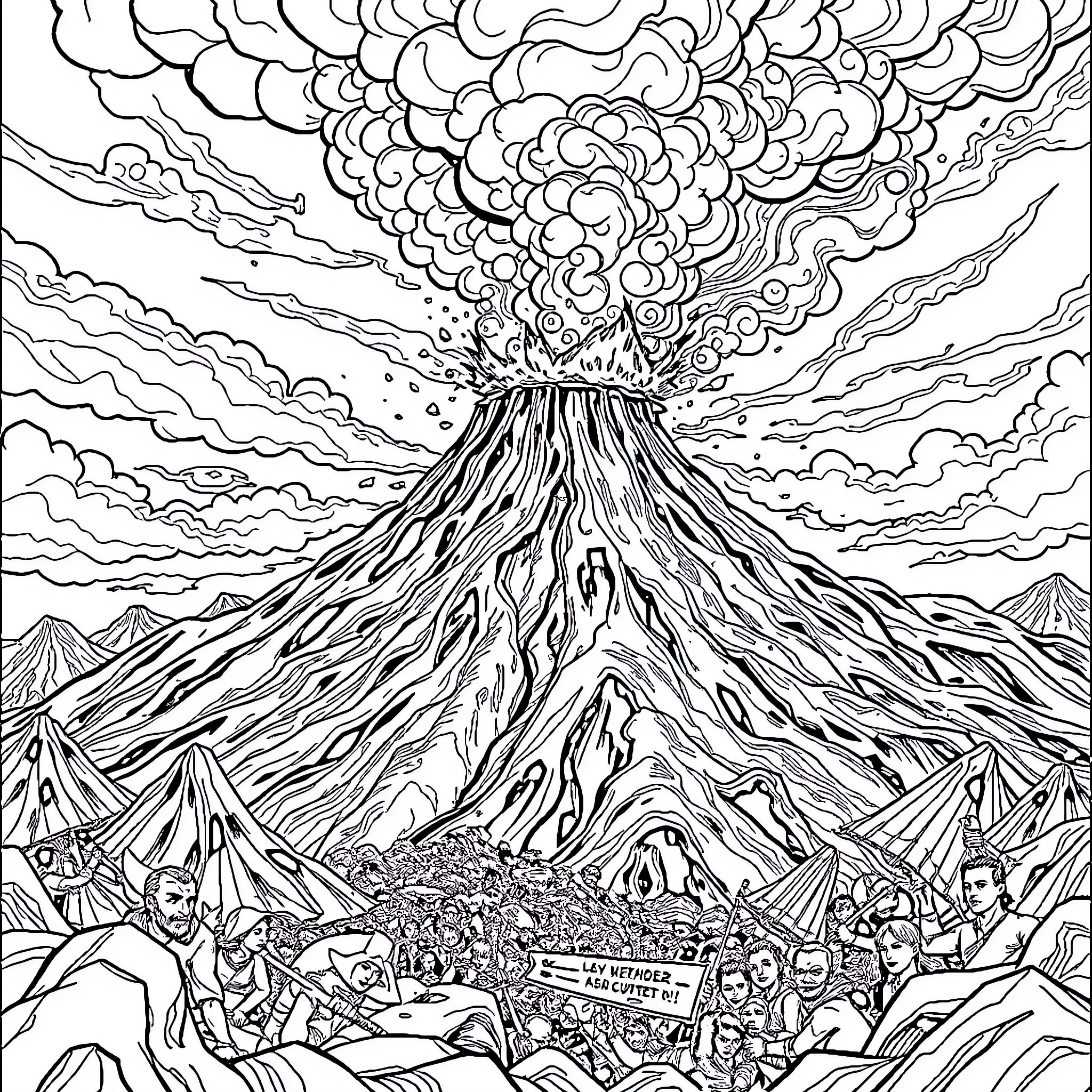 Volcano erupting spectacularly over crowd of onlookers Coloring Page (free black-and-white line drawing printable PDF for all, from beginners to advanced learners, including children, teens, adults, and seniors)