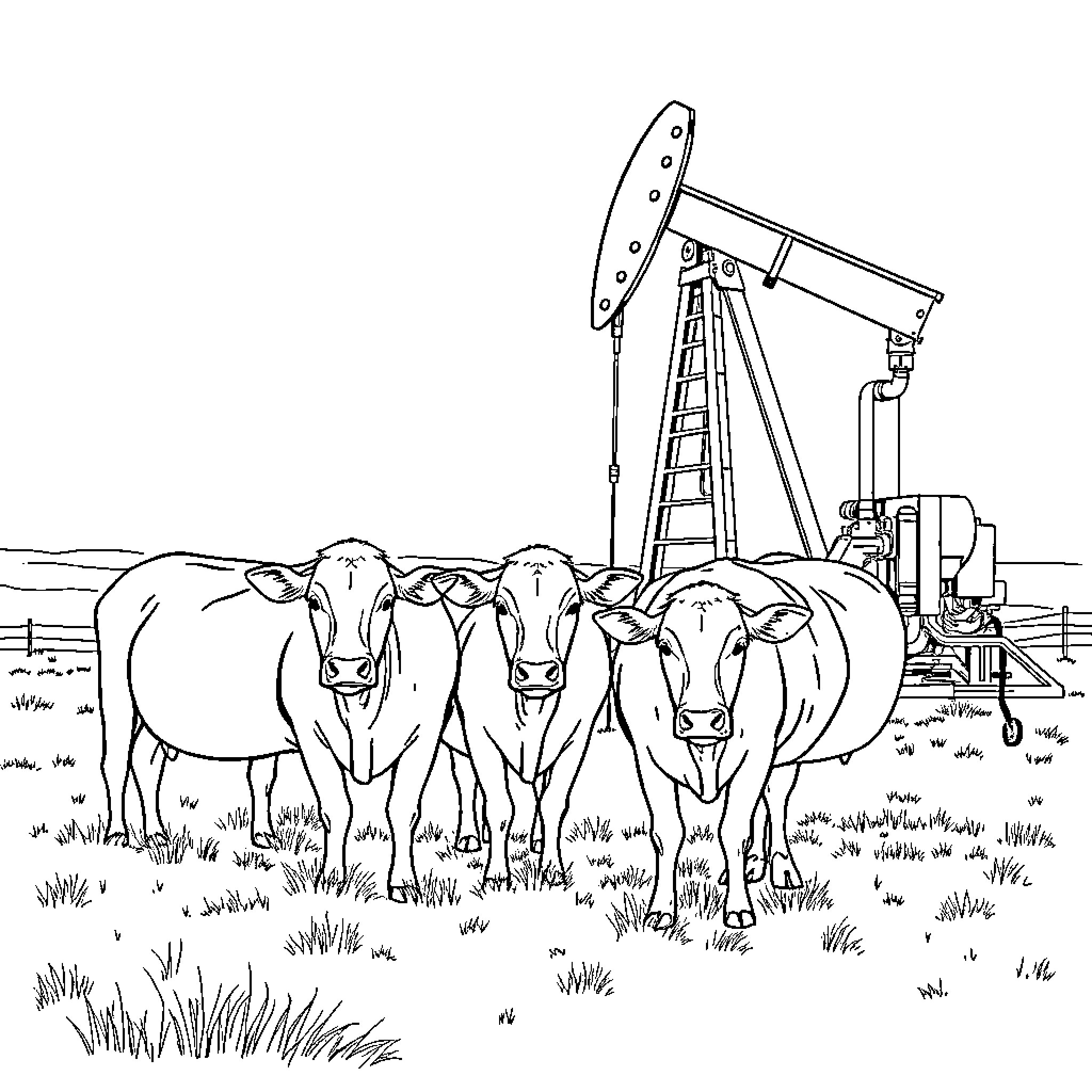 Cows observing oil pump in the field Coloring Page (free black-and-white line drawing printable PDF for all, from beginners to advanced learners, including children, teens, adults, and seniors)