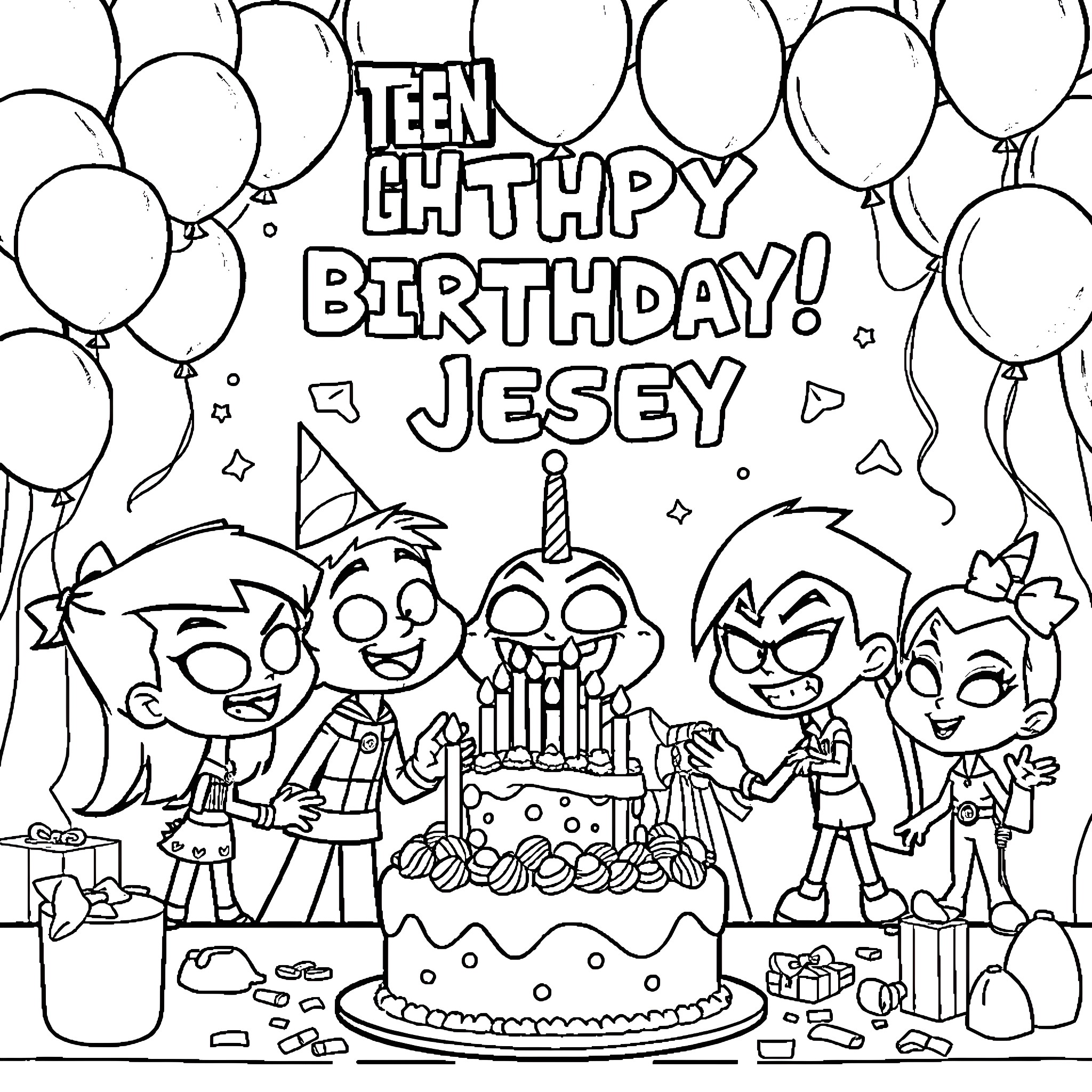 Teen Titans Celebrate Jesey's Birthday with Balloons and Cake Coloring Page (free black-and-white line drawing printable PDF for all, from beginners to advanced learners, including children, teens, adults, and seniors)