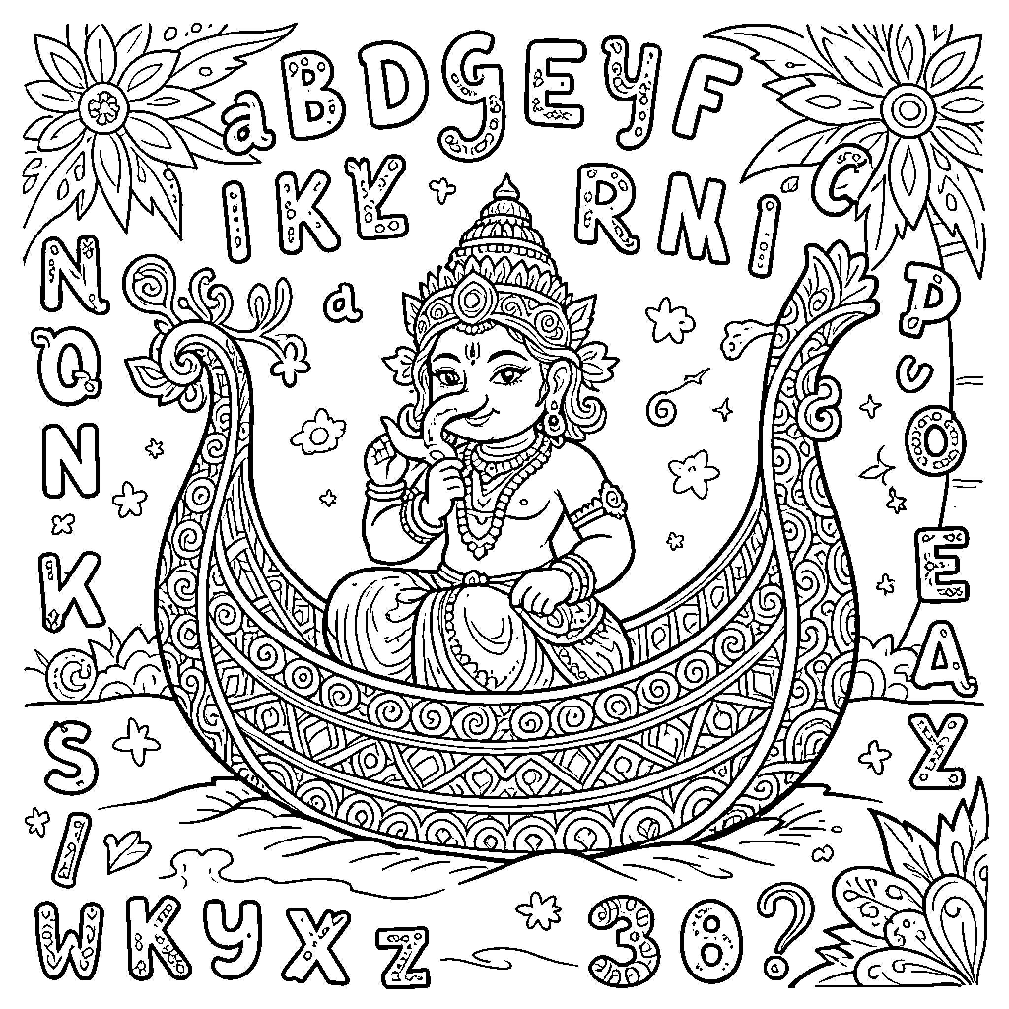 Alphabet Doodle with Whimsical Figures and Floral Elements Coloring Page (free black-and-white line drawing printable PDF for all, from beginners to advanced learners, including children, teens, adults, and seniors)