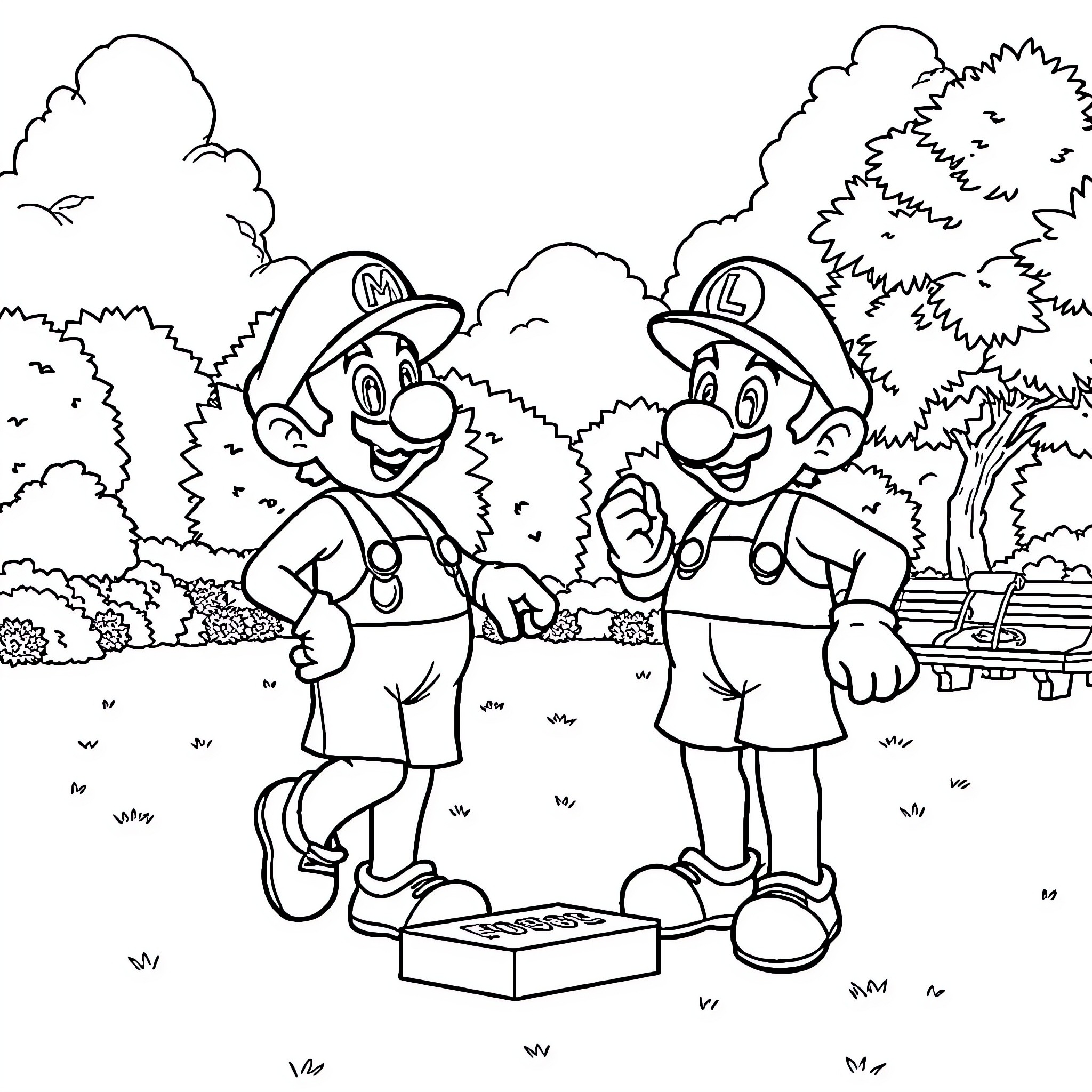 Mario and Luigi explore the outdoors Coloring Page (free black-and-white line drawing printable PDF for all, from beginners to advanced learners, including children, teens, adults, and seniors)