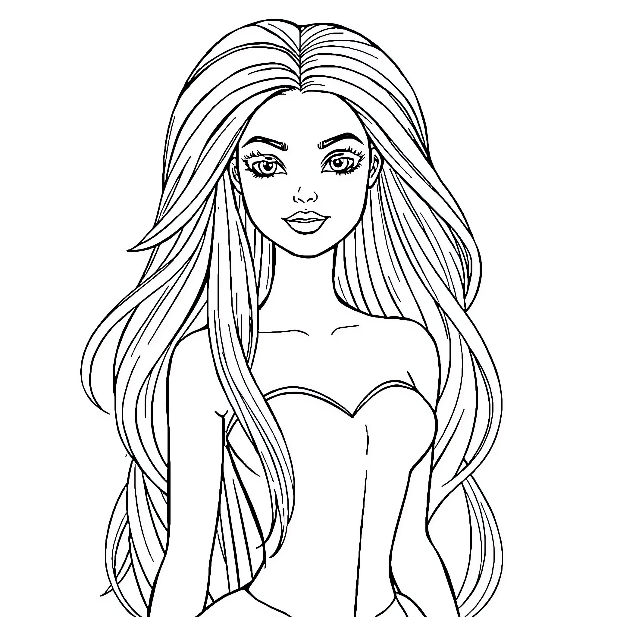 Barbie posing with long flowing hair Coloring Page (free black-and-white line drawing printable PDF for all, from beginners to advanced learners, including children, teens, adults, and seniors)