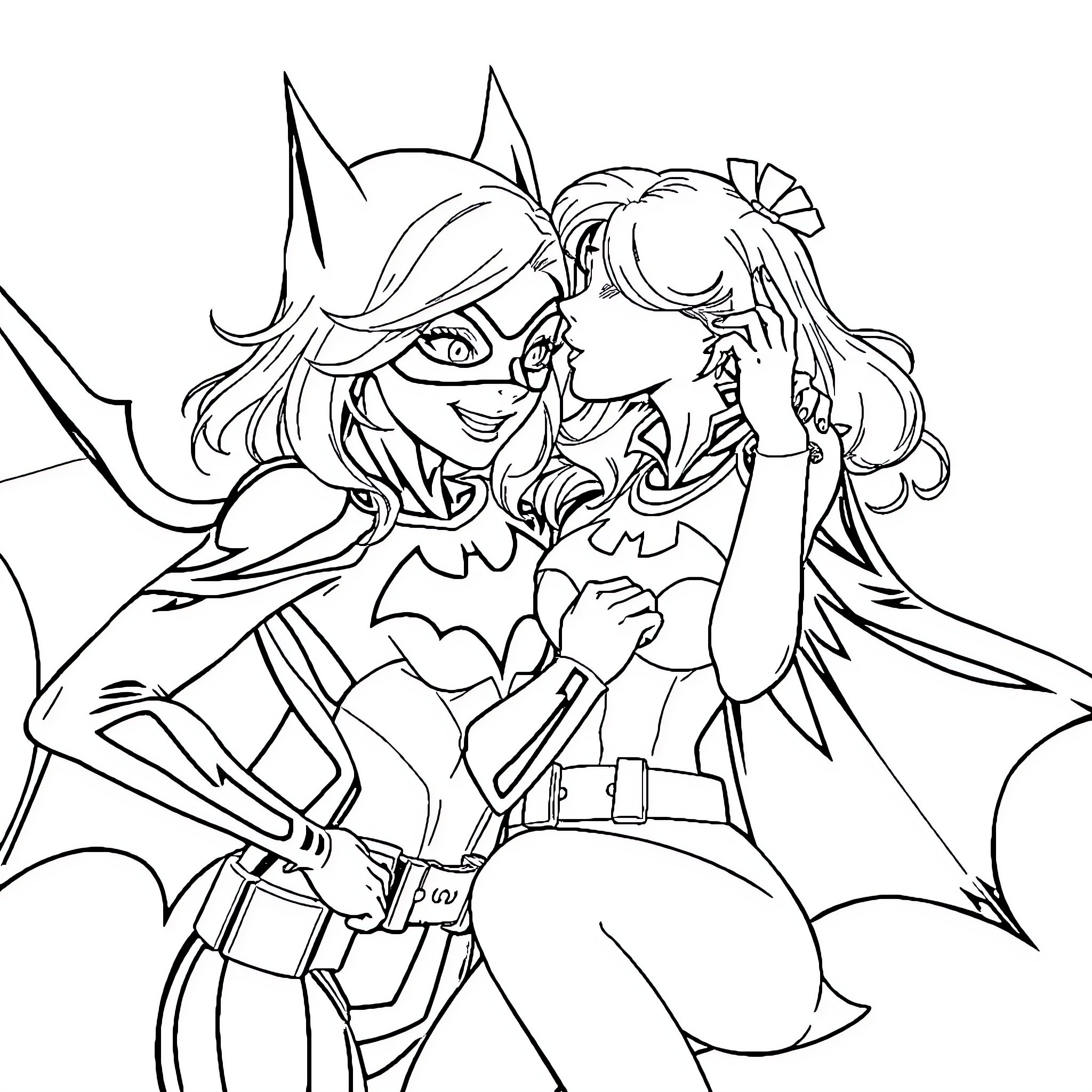 Bat Girl enjoying heroic adventures in the city Coloring Page (free black-and-white line drawing printable PDF for all, from beginners to advanced learners, including children, teens, adults, and seniors)