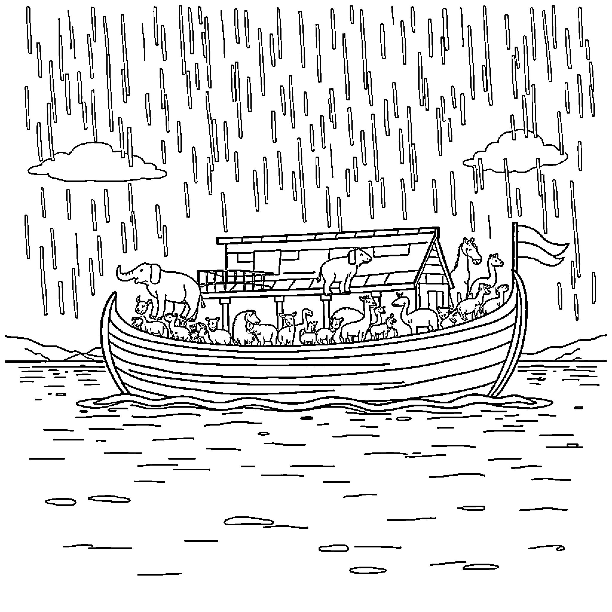 Ark Carrying Animals through the Rainstorm Coloring Page (free black-and-white line drawing printable PDF for all, from beginners to advanced learners, including children, teens, adults, and seniors)