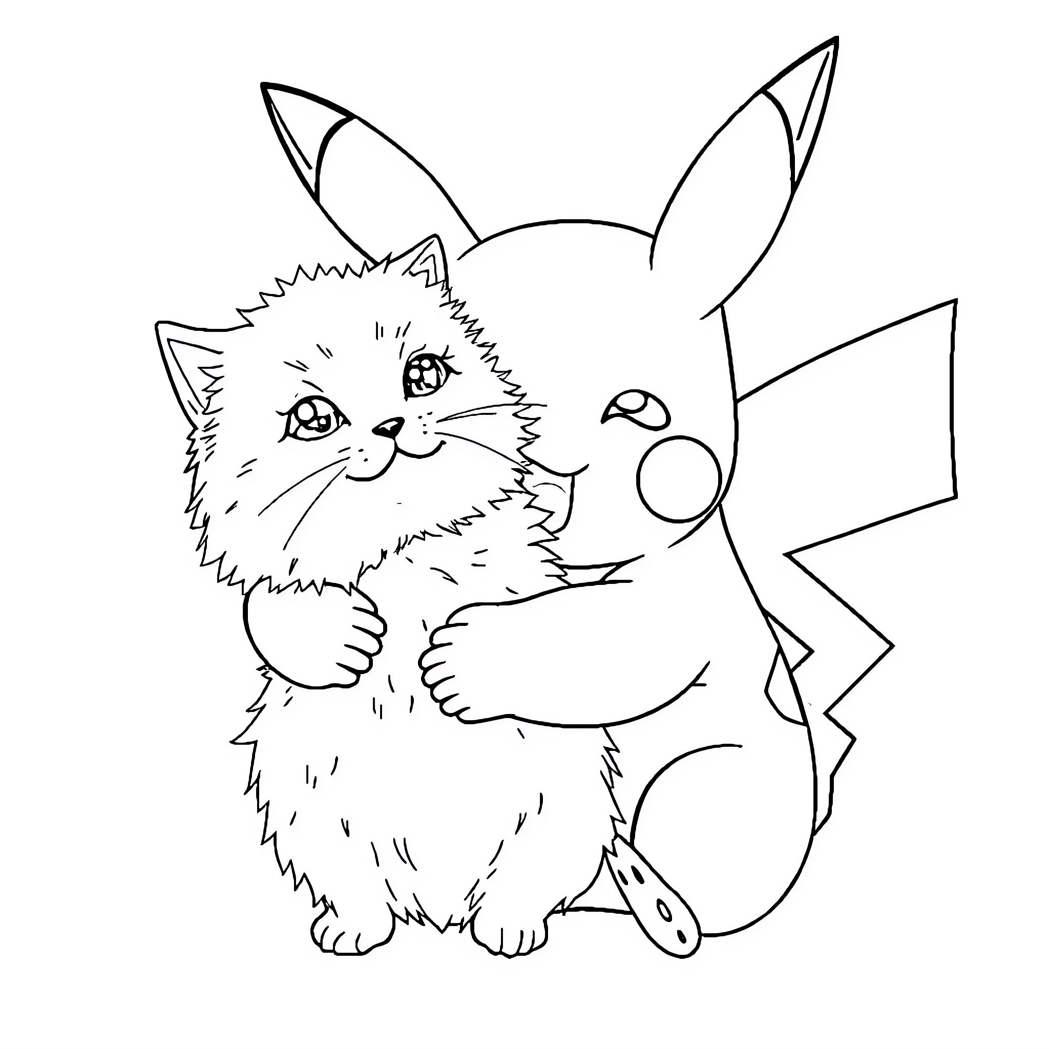 Pikachu playing with a cute furry friend Coloring Page (free black-and-white line drawing printable PDF for all, from beginners to advanced learners, including children, teens, adults, and seniors)