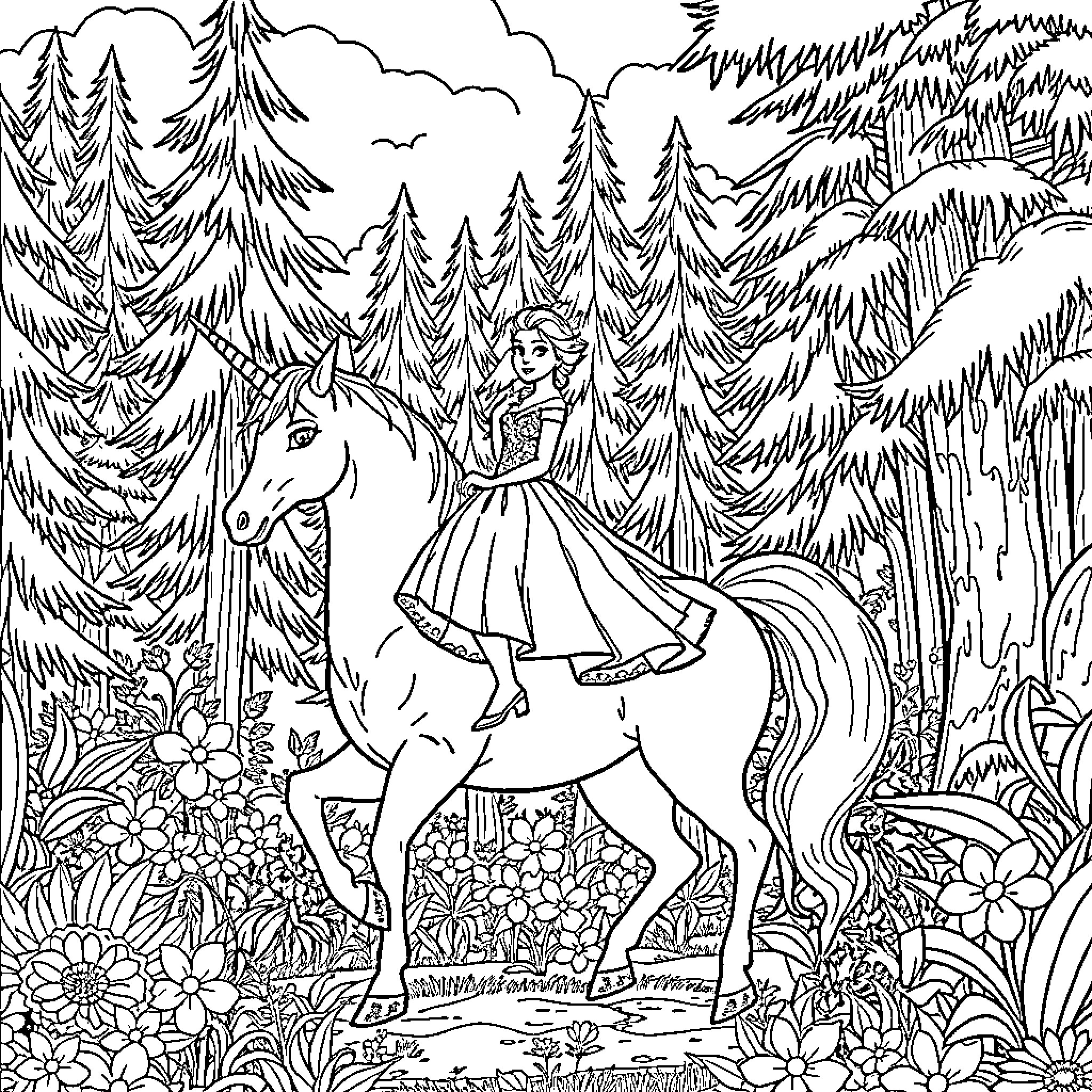 Elsa's Majestic Forest Adventure Coloring Page (free black-and-white line drawing printable PDF for all, from beginners to advanced learners, including children, teens, adults, and seniors)
