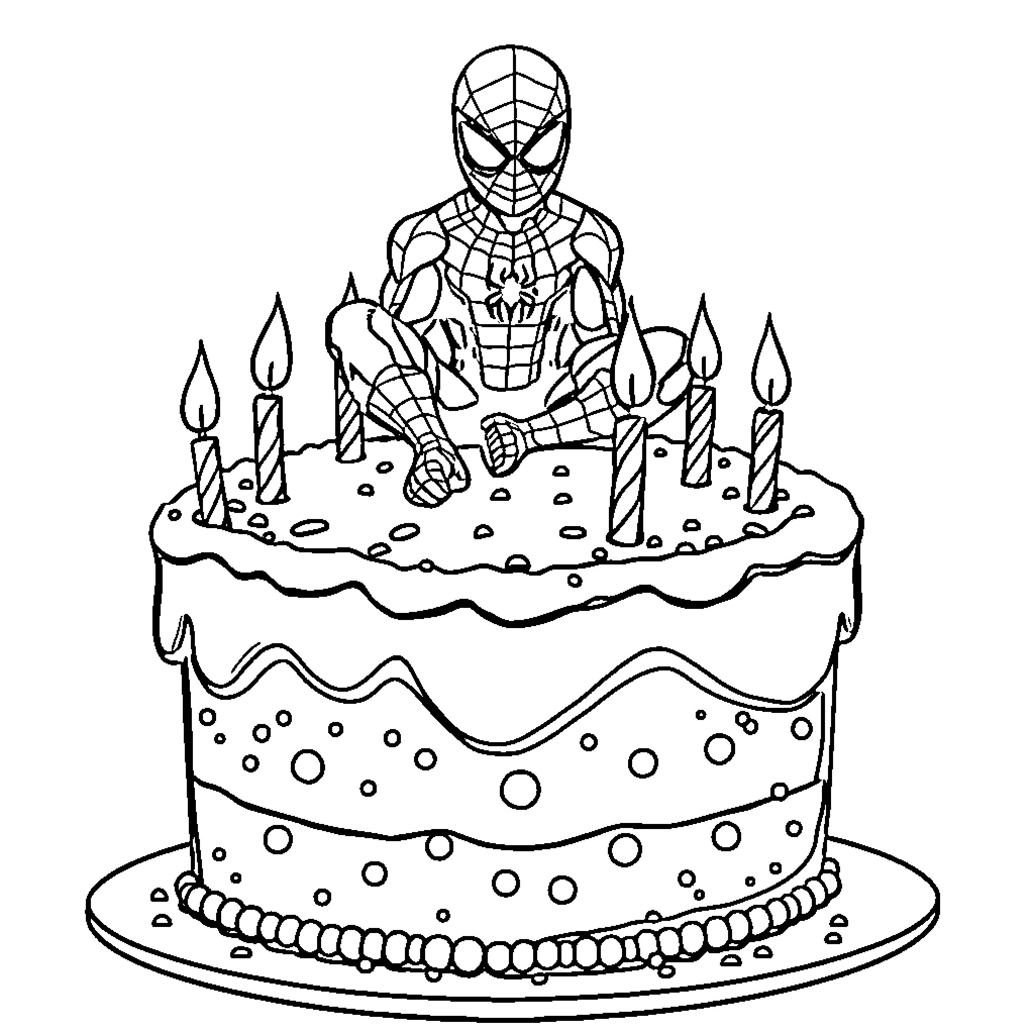 Spiderman celebrating with birthday cake and candles Coloring Page (free black-and-white line drawing printable PDF for all, from beginners to advanced learners, including children, teens, adults, and seniors)