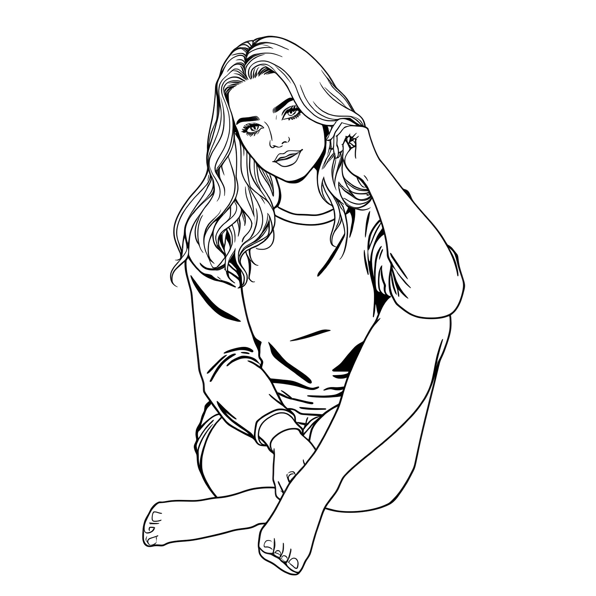 Woman with long wavy hair posing confidently Coloring Page (free black-and-white line drawing printable PDF for all, from beginners to advanced learners, including children, teens, adults, and seniors)