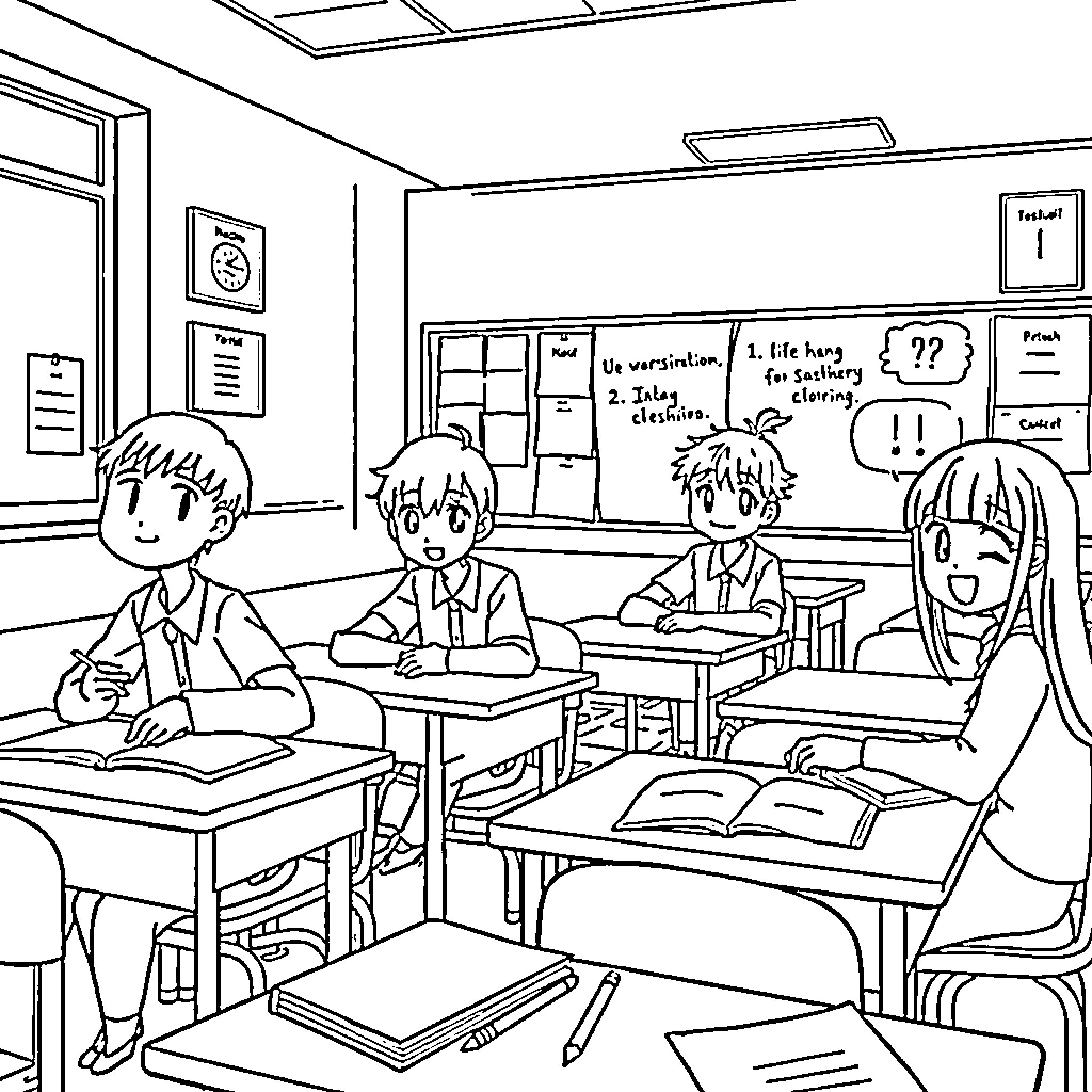 BT21 Characters in a Classroom Setting Coloring Page (free black-and-white line drawing printable PDF for all, from beginners to advanced learners, including children, teens, adults, and seniors)