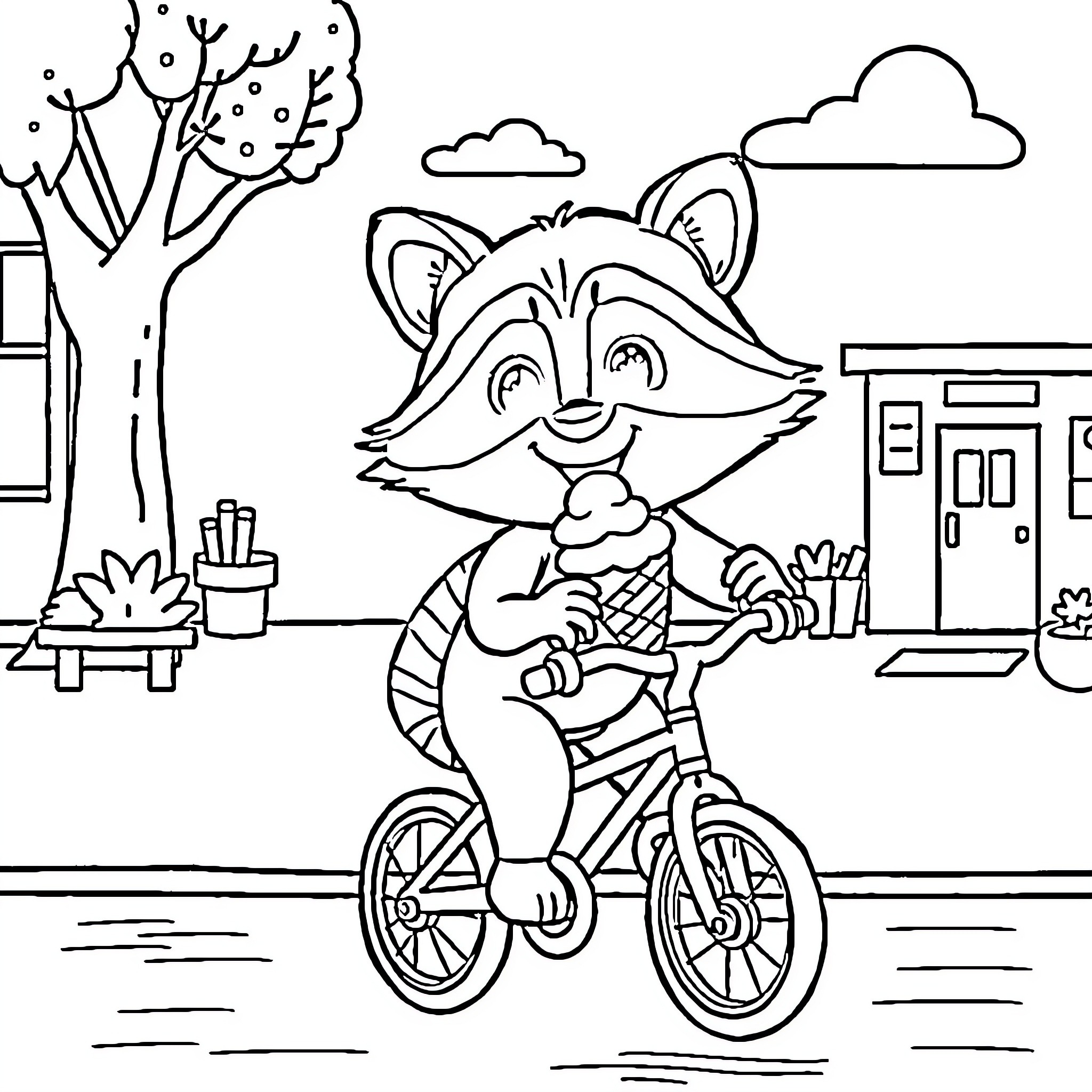 Raccoon riding a bicycle in the city Coloring Page (free black-and-white line drawing printable PDF for all, from beginners to advanced learners, including children, teens, adults, and seniors)