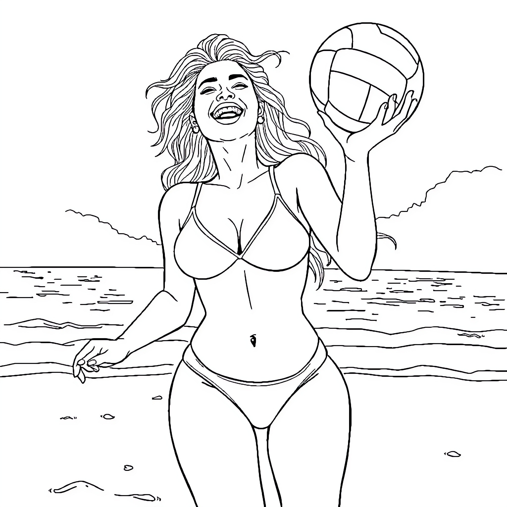 Shakira enjoying a beach volleyball game Coloring Page (free black-and-white line drawing printable PDF for all, from beginners to advanced learners, including children, teens, adults, and seniors)