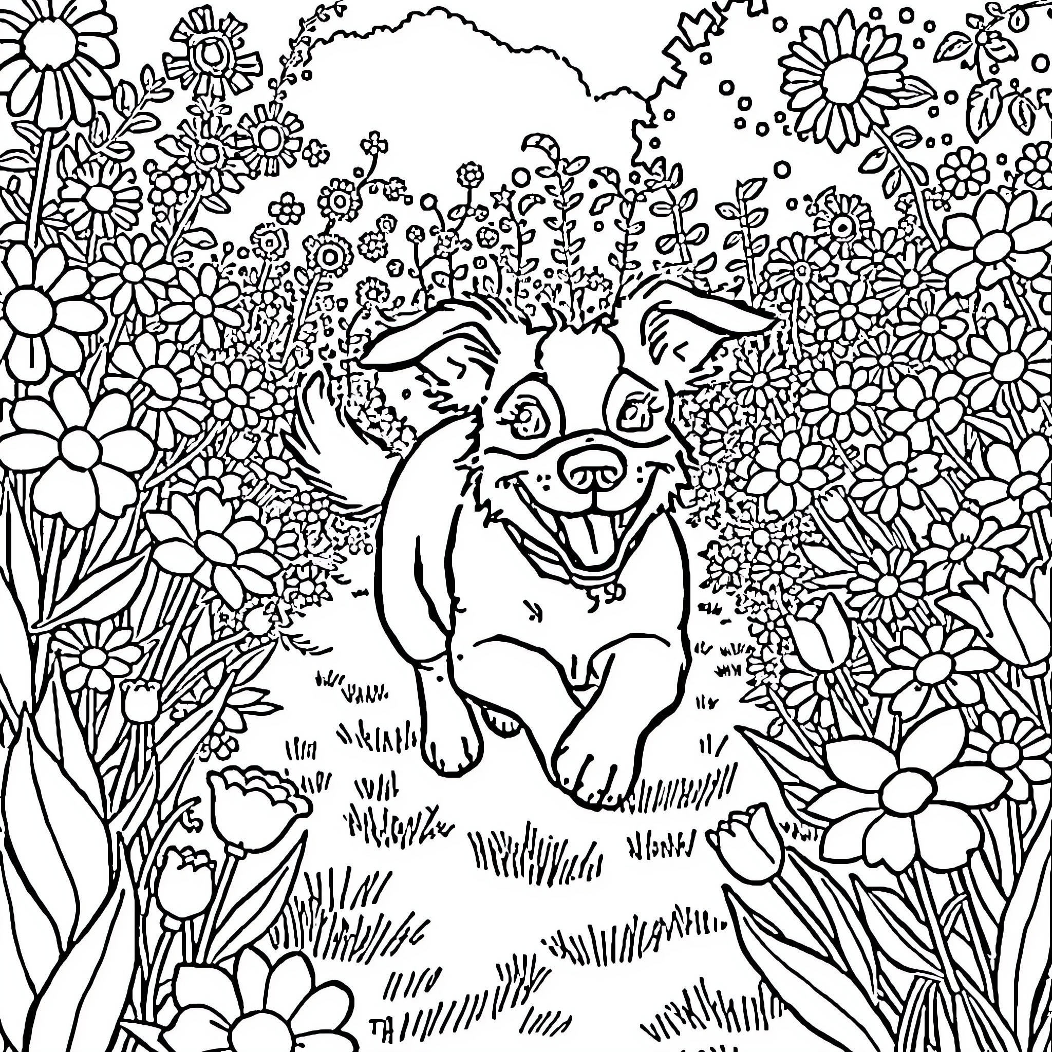 Dog joyfully running through a flowery field Coloring Page (free black-and-white line drawing printable PDF for all, from beginners to advanced learners, including children, teens, adults, and seniors)