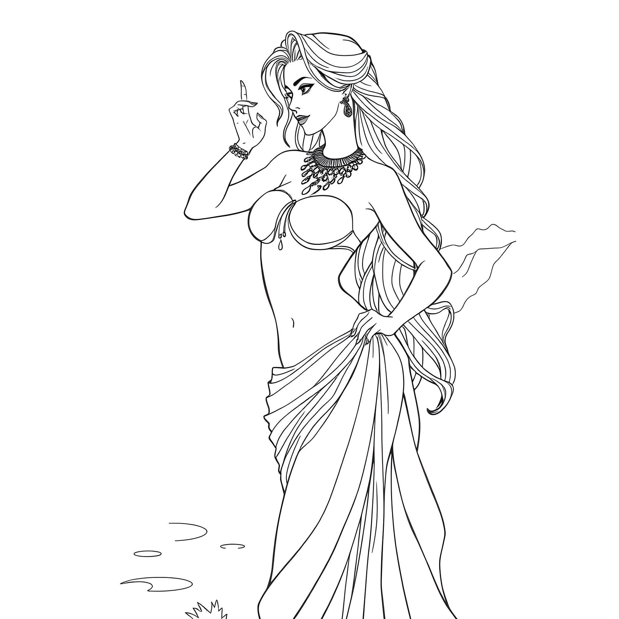 Girl in elegant dress posing with hand gesture Coloring Page (free black-and-white line drawing printable PDF for all, from beginners to advanced learners, including children, teens, adults, and seniors)
