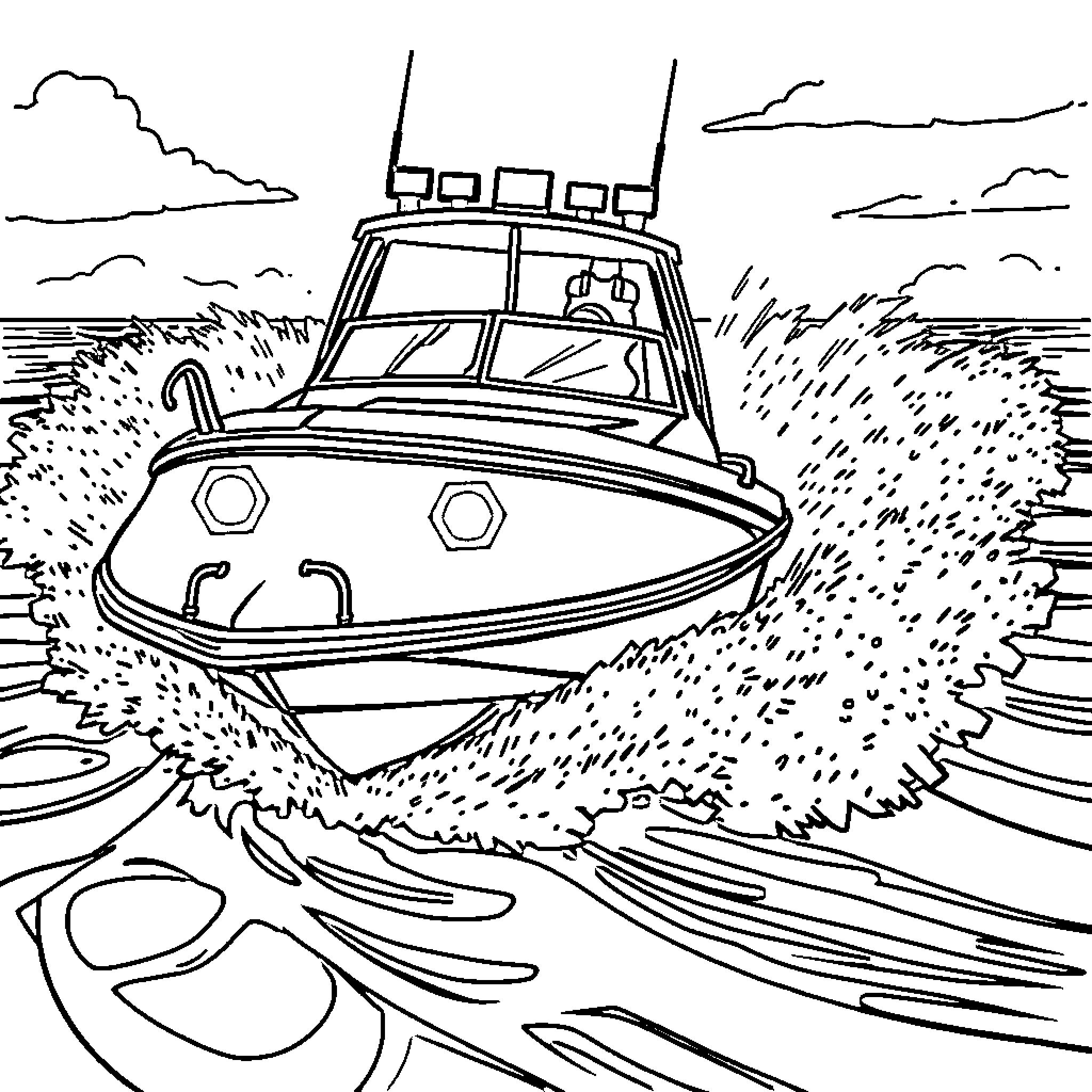 Cop Boat patrolling choppy waters Coloring Page (free black-and-white line drawing printable PDF for all, from beginners to advanced learners, including children, teens, adults, and seniors)