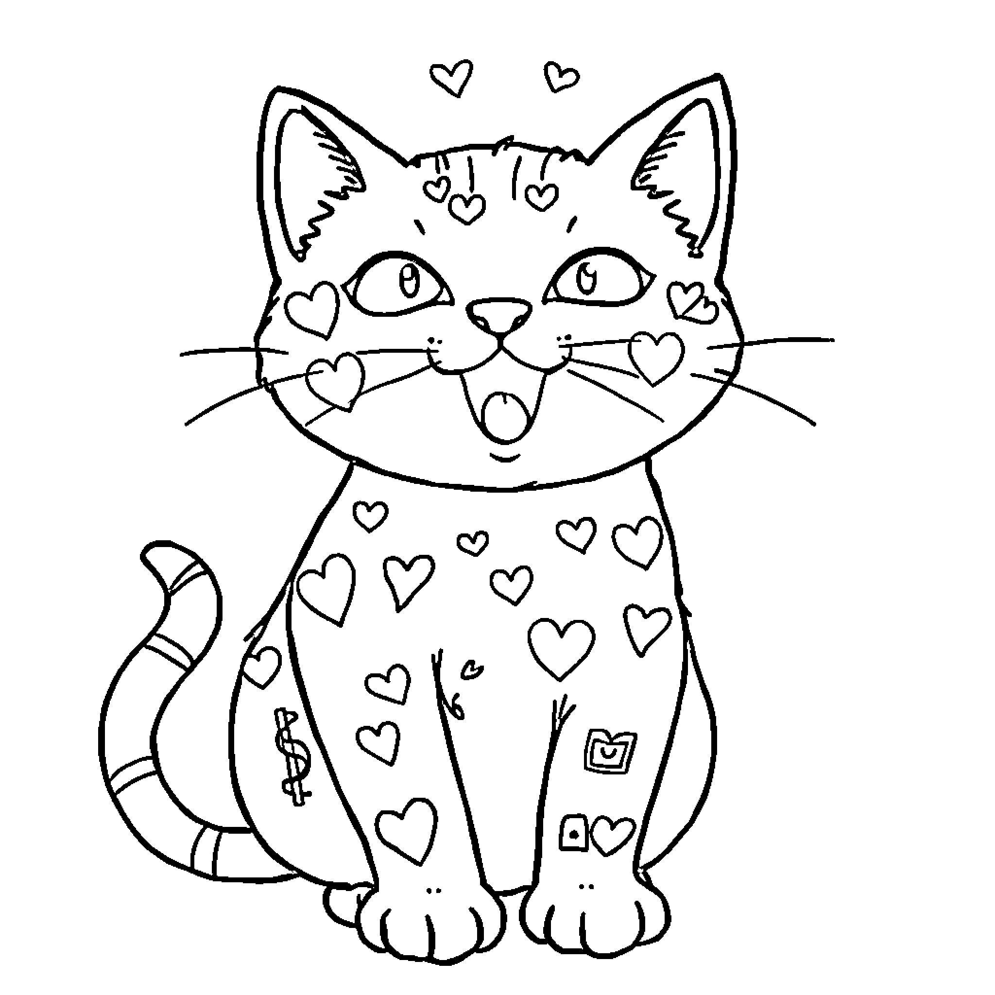 Cat with heart expressions in playful pose Coloring Page (free black-and-white line drawing printable PDF for all, from beginners to advanced learners, including children, teens, adults, and seniors)