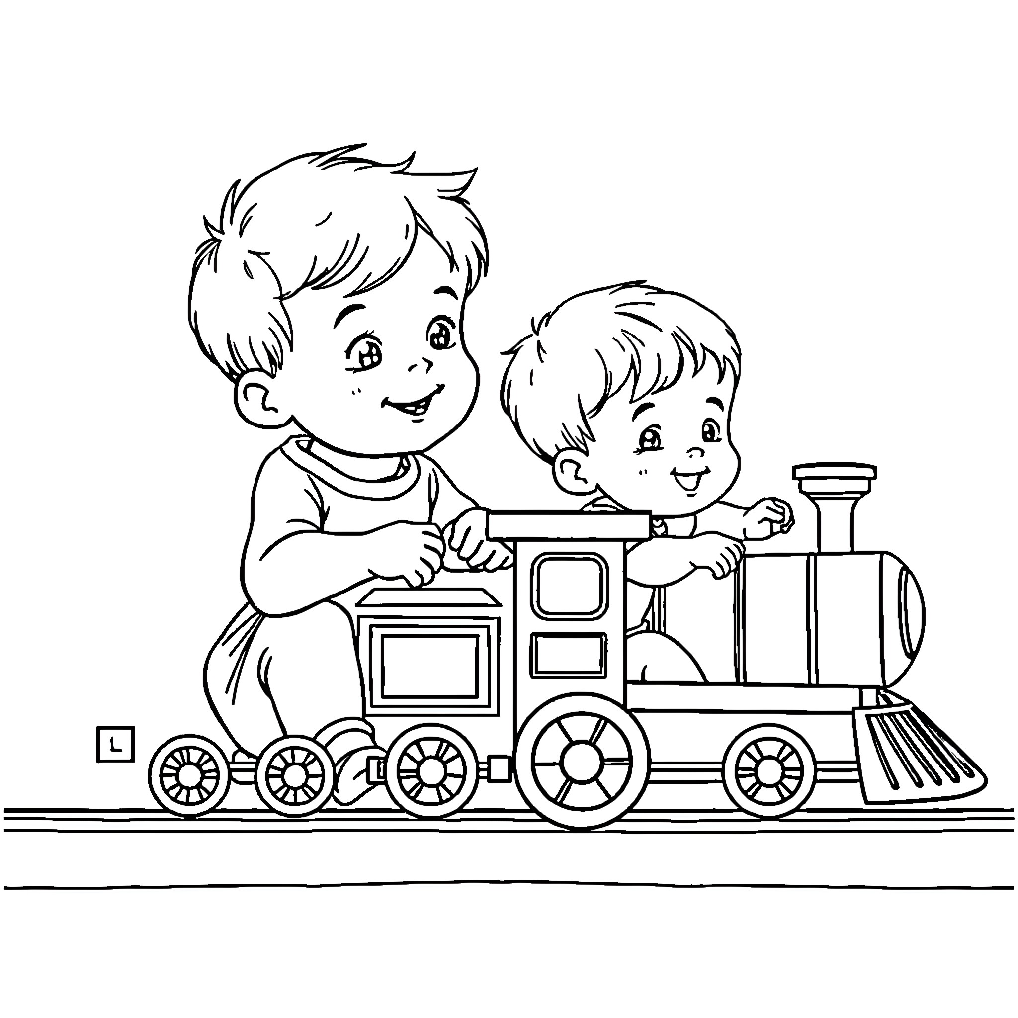 Train ride with boys on toy locomotive Coloring Page (free black-and-white line drawing printable PDF for all, from beginners to advanced learners, including children, teens, adults, and seniors)