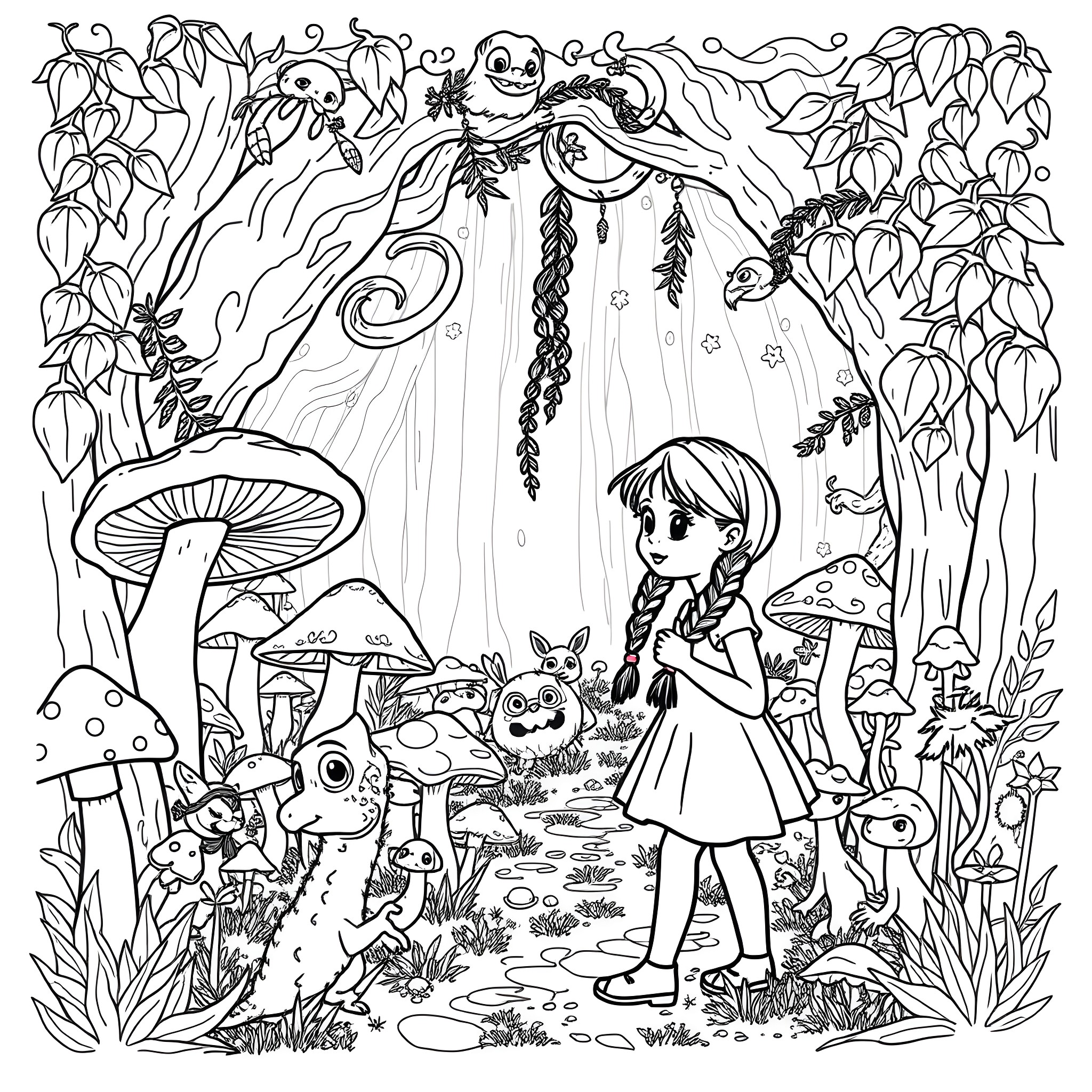 Lily Philips explores the whimsical fantasy forest Coloring Page (free black-and-white line drawing printable PDF for all, from beginners to advanced learners, including children, teens, adults, and seniors)