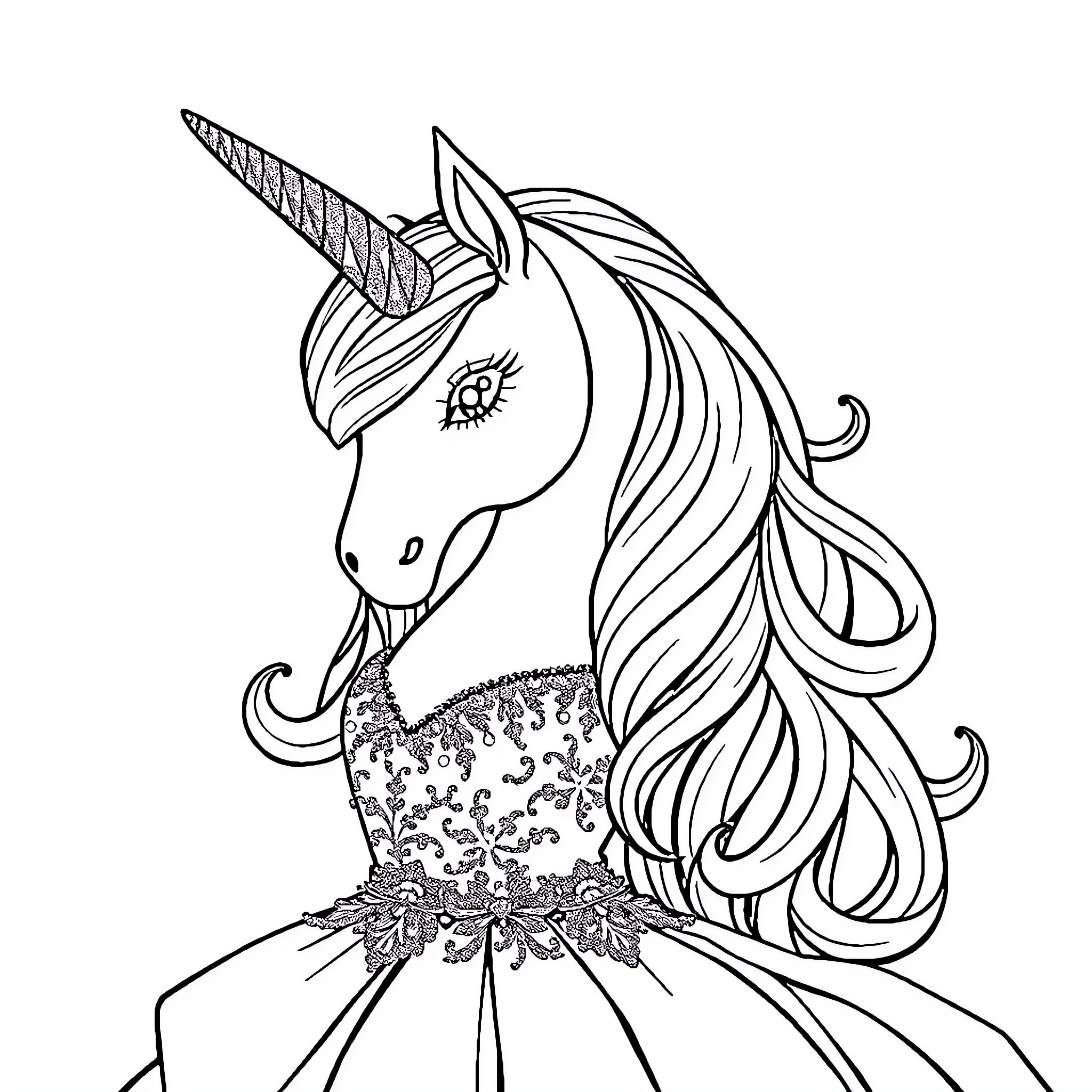 Unicorn wearing a floral dress with a long horn Coloring Page (free black-and-white line drawing printable PDF for all, from beginners to advanced learners, including children, teens, adults, and seniors)