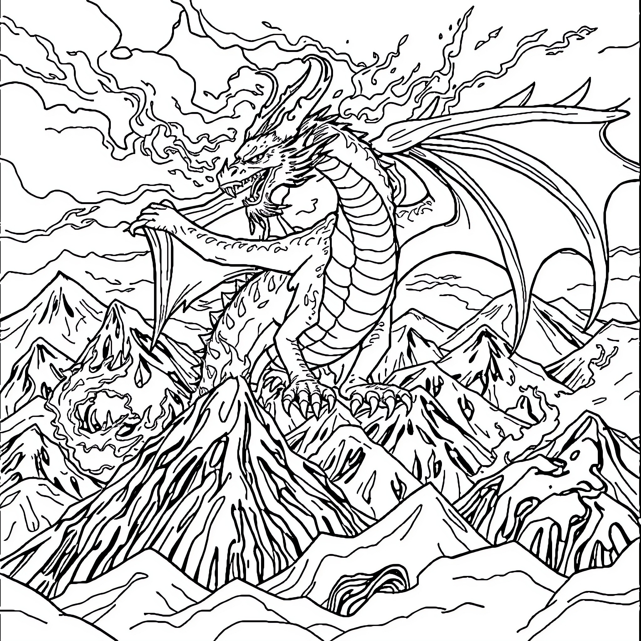 Dragon Soaring over Majestic Mountain Landscape Coloring Page (free black-and-white line drawing printable PDF for all, from beginners to advanced learners, including children, teens, adults, and seniors)