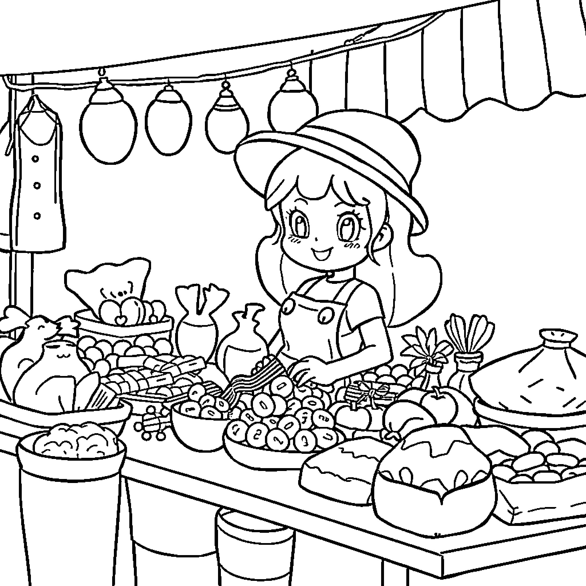 Bobbie's Bustling Marketplace: A Vibrant Scene Coloring Page (free black-and-white line drawing printable PDF for all, from beginners to advanced learners, including children, teens, adults, and seniors)