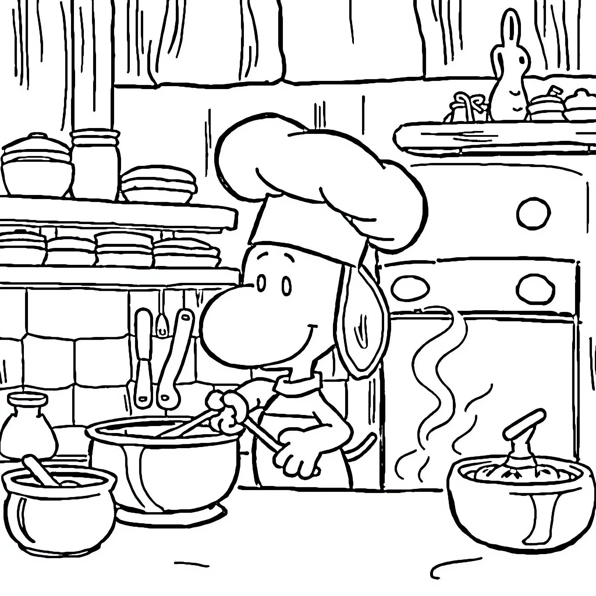 Snoopy's Cozy Kitchen Antics Coloring Page (free black-and-white line drawing printable PDF for all, from beginners to advanced learners, including children, teens, adults, and seniors)
