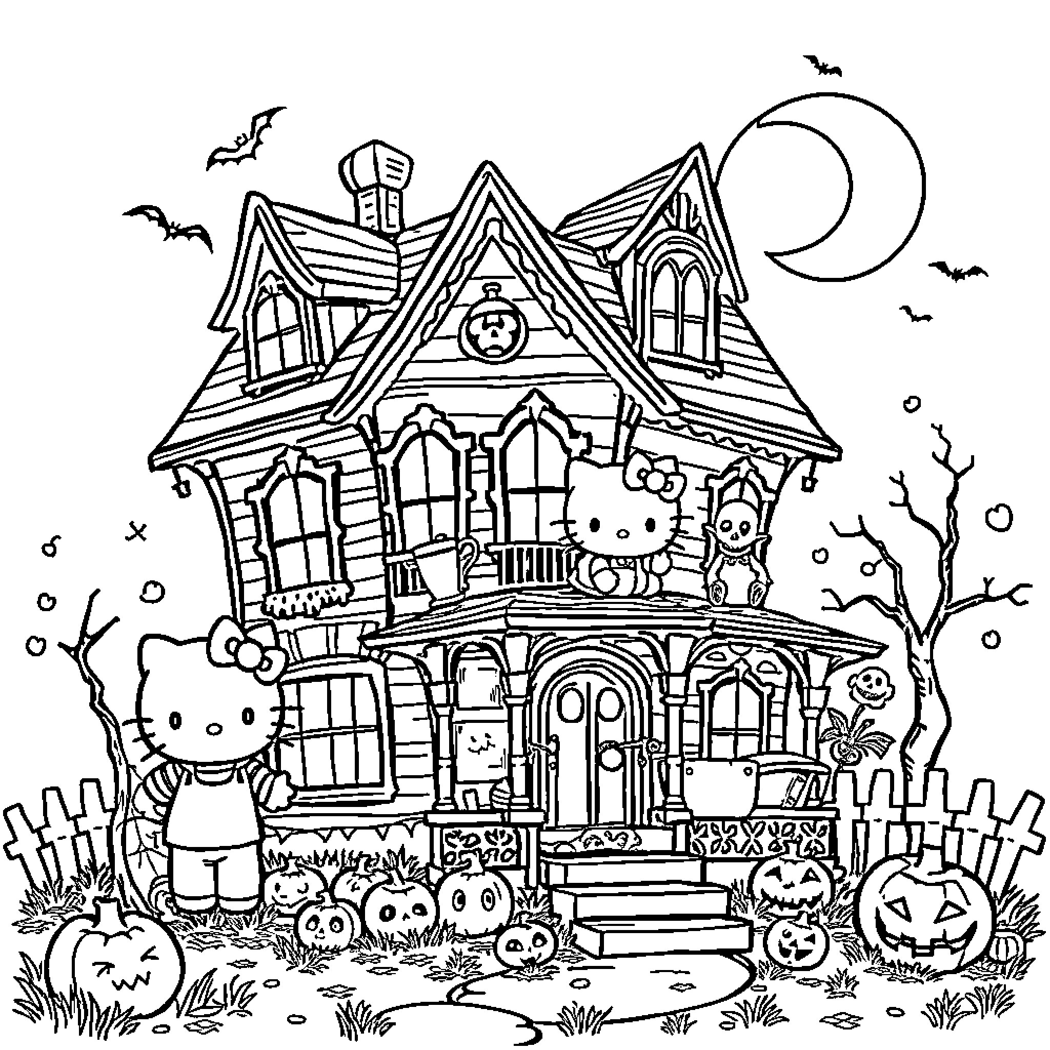 Hello Kitty's Spooky Halloween House Coloring Page (free black-and-white line drawing printable PDF for all, from beginners to advanced learners, including children, teens, adults, and seniors)