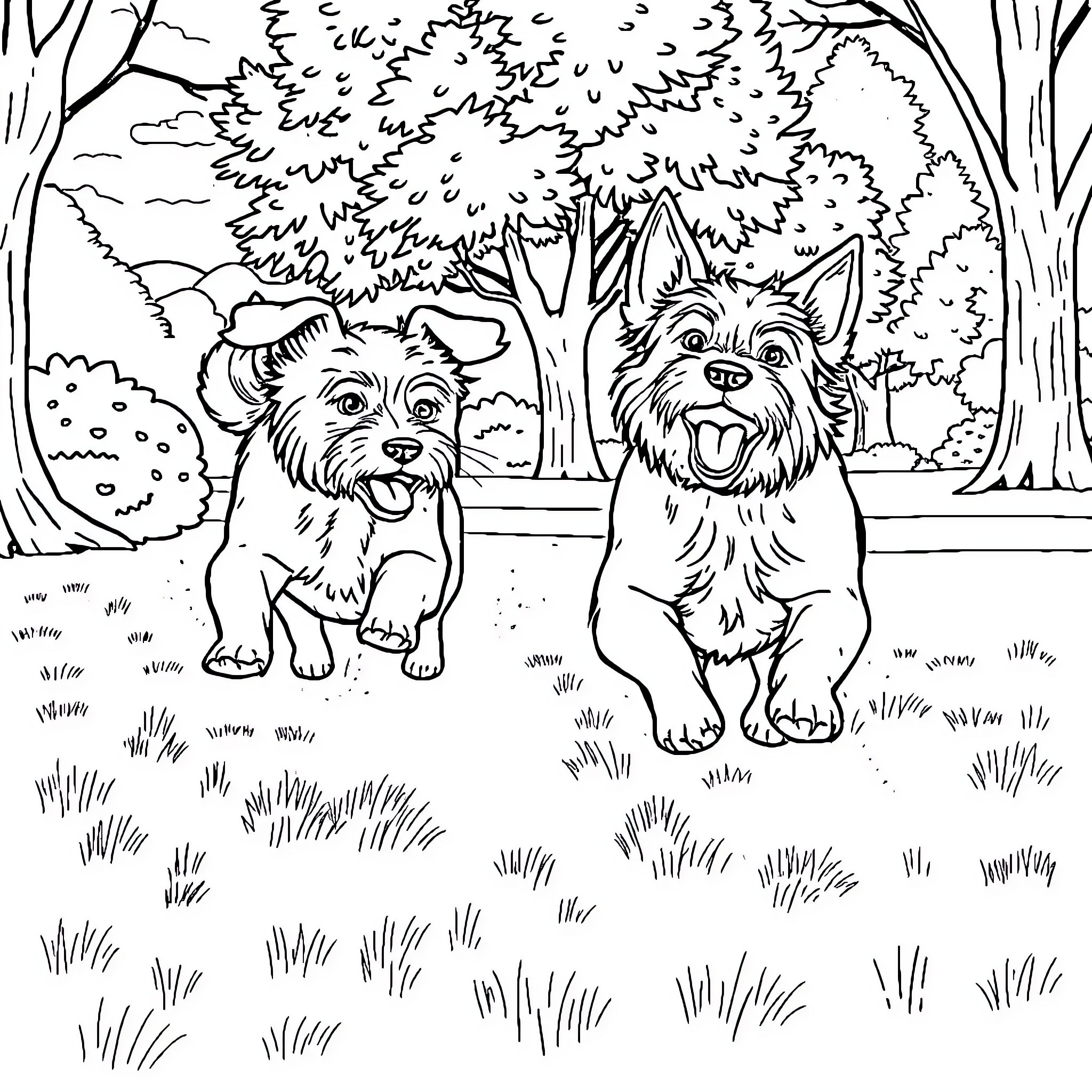 Dogs playing happily in the park Coloring Page (free black-and-white line drawing printable PDF for all, from beginners to advanced learners, including children, teens, adults, and seniors)