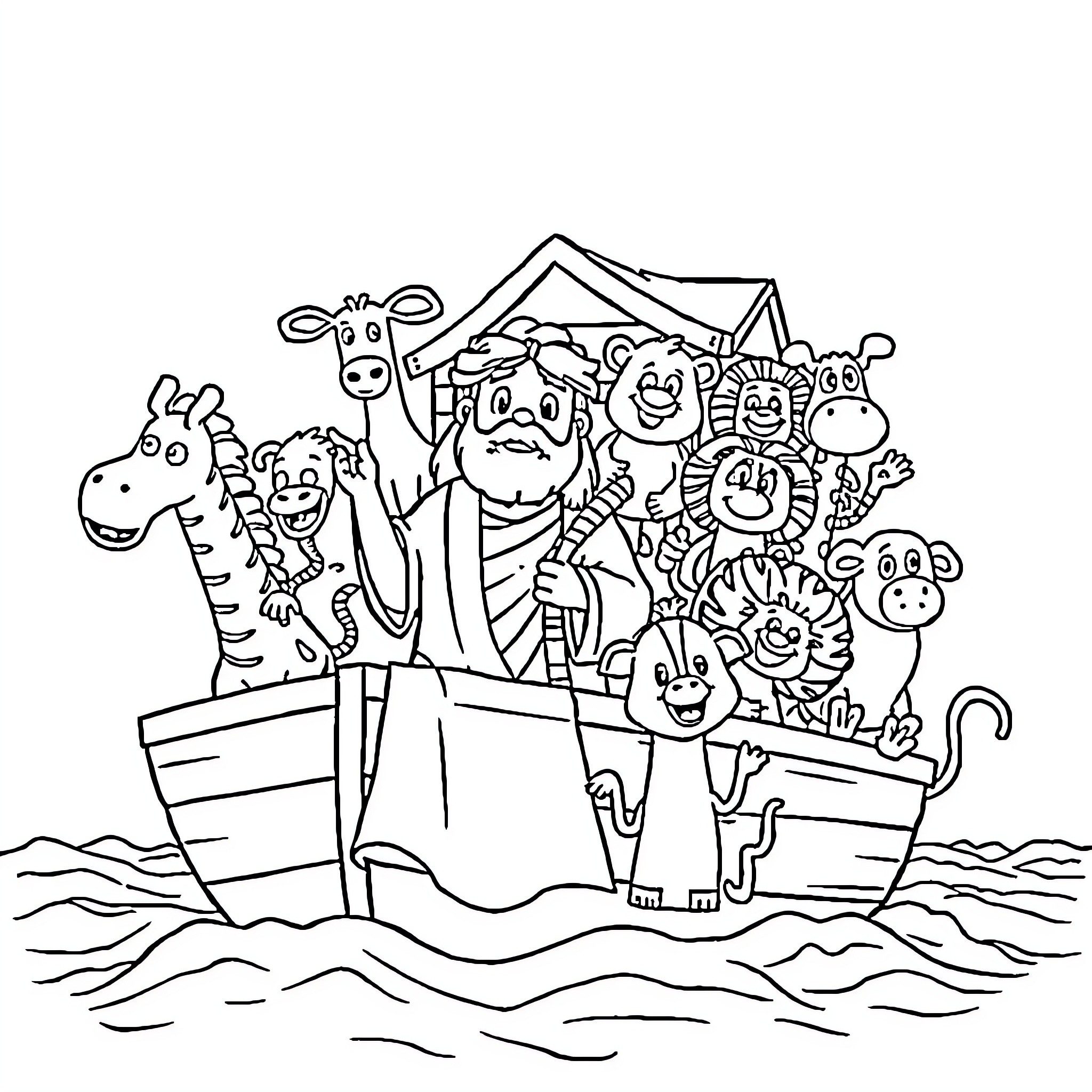 Noah and his friends on a whimsical boat journey Coloring Page (free black-and-white line drawing printable PDF for all, from beginners to advanced learners, including children, teens, adults, and seniors)