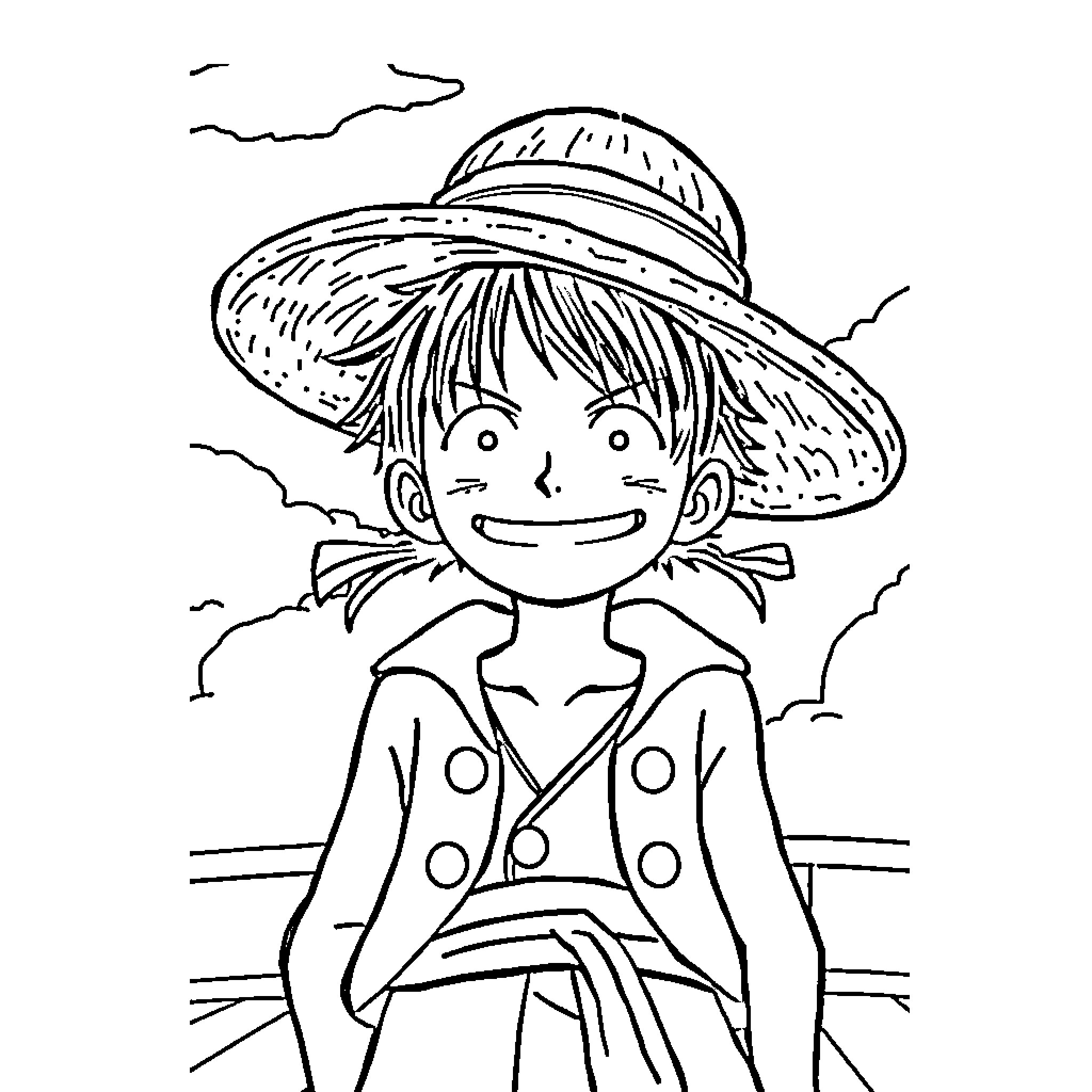 Monkey D Luffy happily smiling in his iconic outfit Coloring Page (free black-and-white line drawing printable PDF for all, from beginners to advanced learners, including children, teens, adults, and seniors)