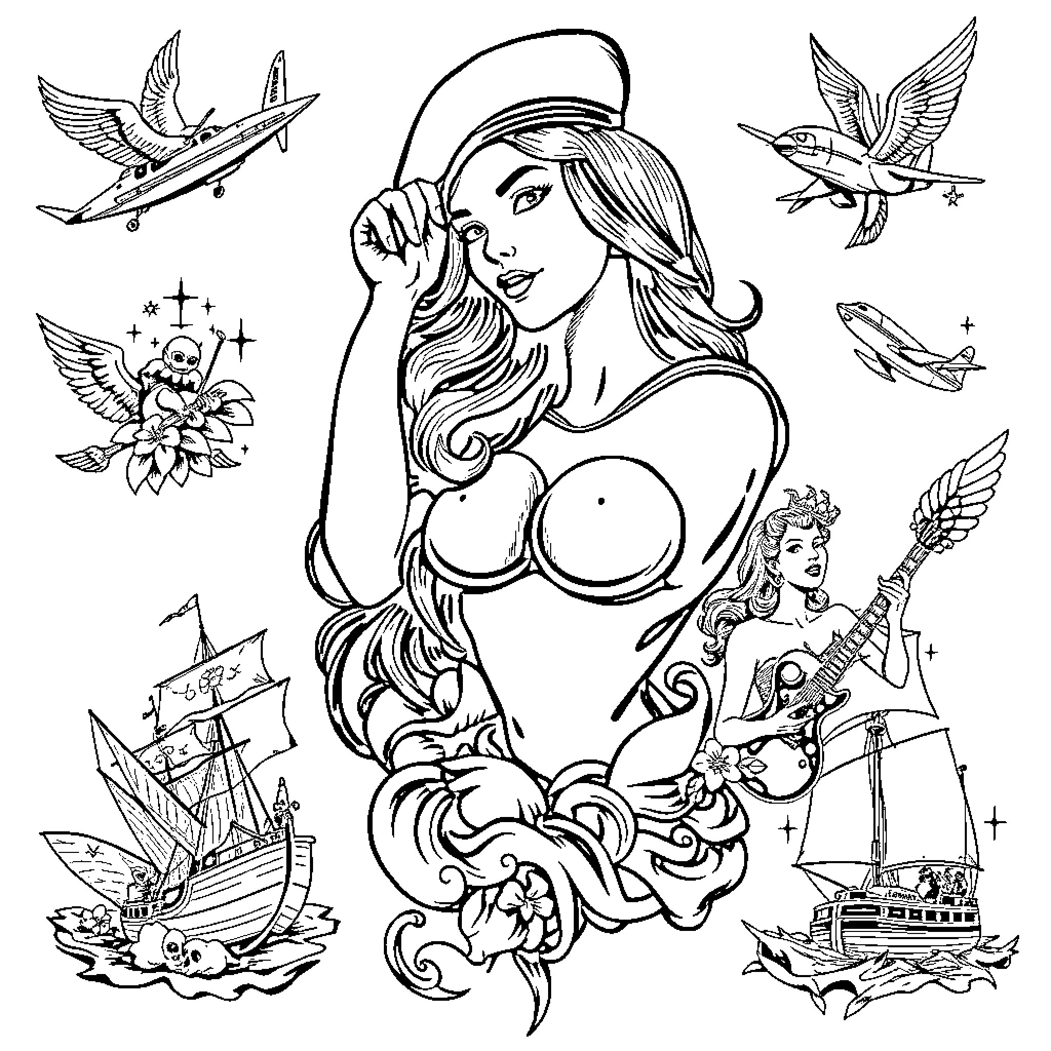 Sailor Jerry Tattoo featuring diverse maritime imagery Coloring Page (free black-and-white line drawing printable PDF for all, from beginners to advanced learners, including children, teens, adults, and seniors)